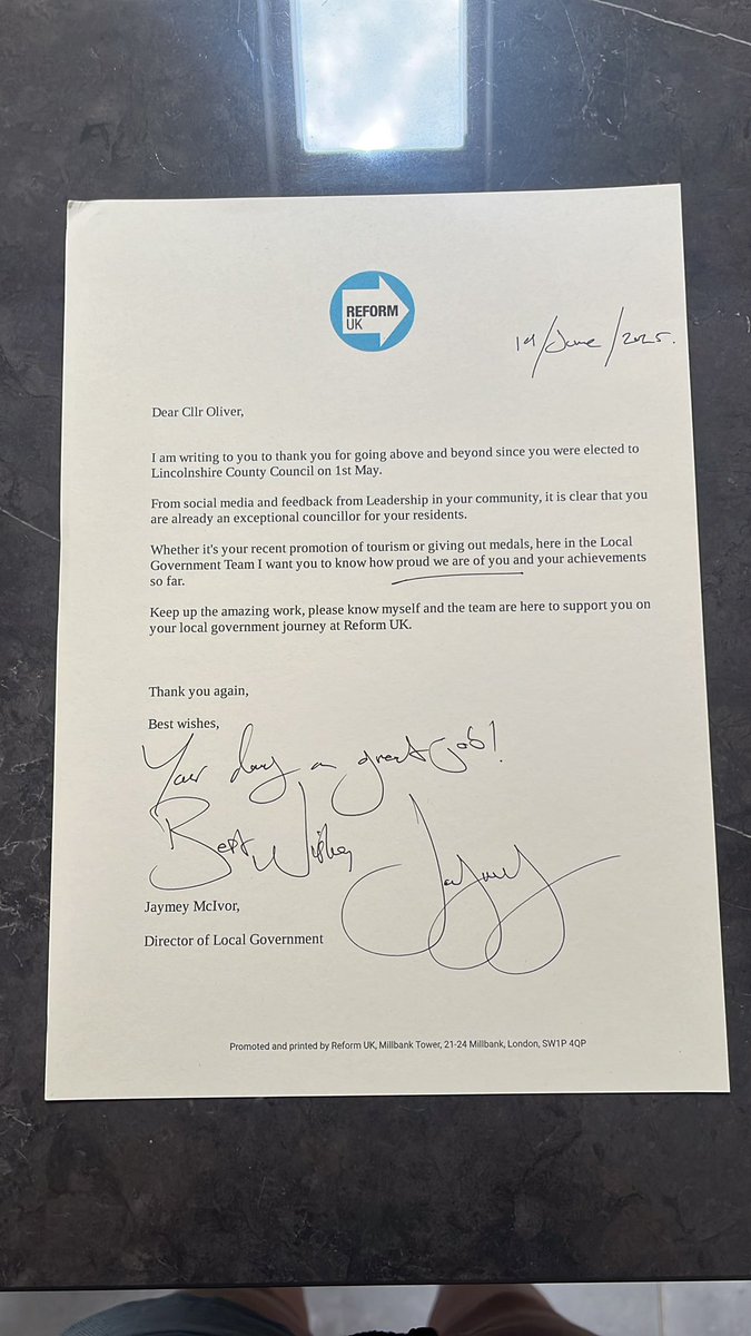 I feel incredibly proud to be an elected member of the Reform UK family. Today I  received a signed letter from our Director of Local Government <a href="/McivorJaymey/">Cllr Jaymey McIvor 🏴󠁧󠁢󠁥󠁮󠁧󠁿</a>. I wanted to share it with you to show just how supportive and wonderful this party truly is. Teamwork and solidarity