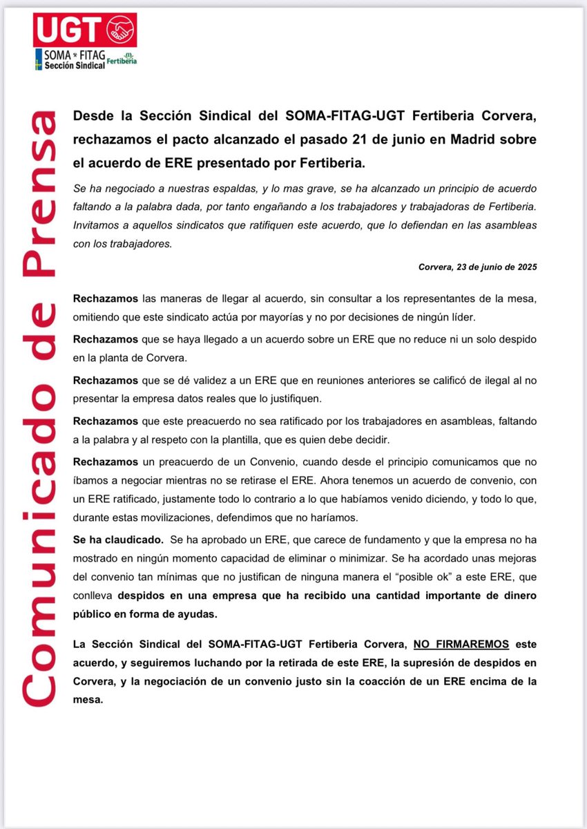 Los/ las compañeros/as de la sección sindical del SOMA-FITAG-UGT de FERTIBERIA dejan clara su negativa ante el pacto alcanzado sobre el ERE que plantea la compañía.