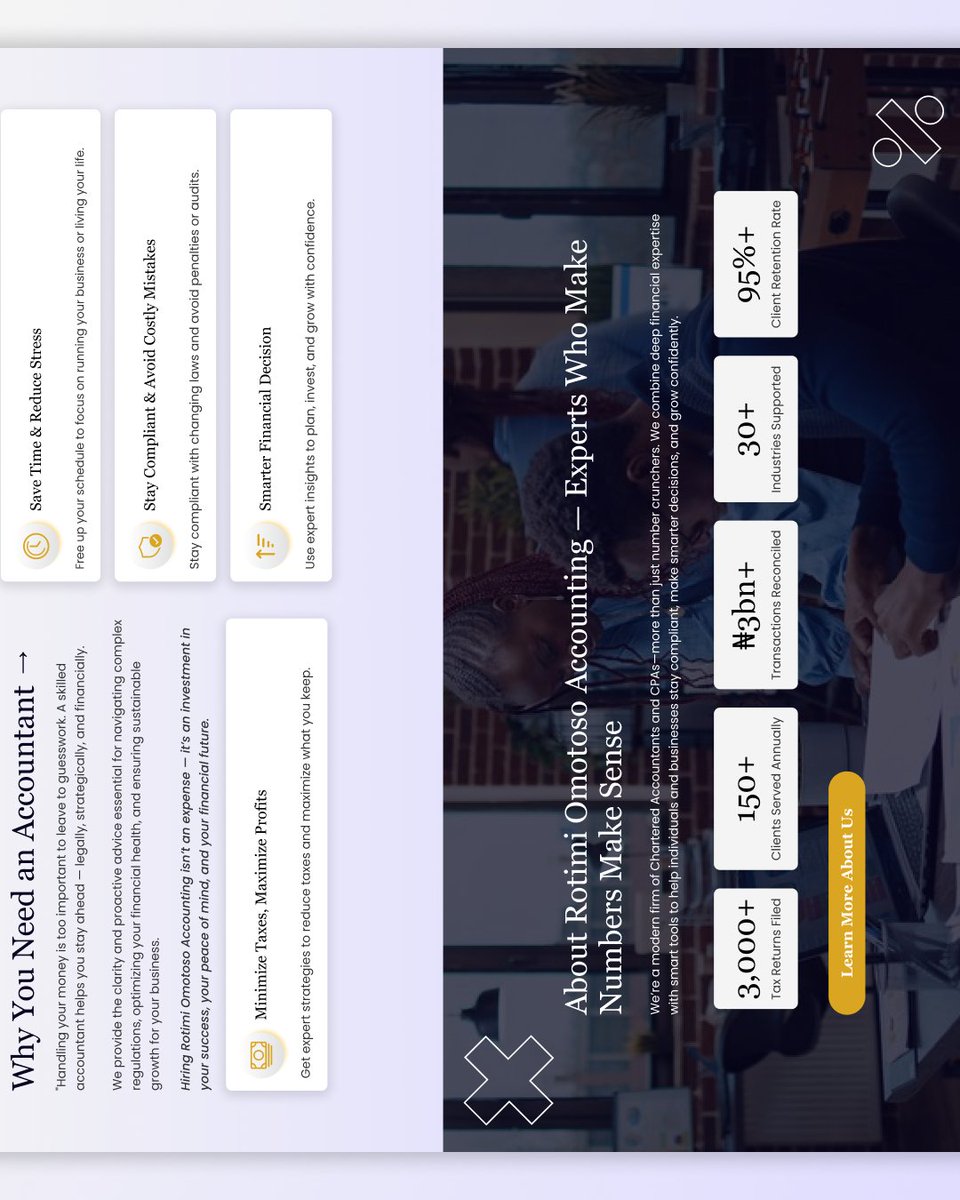 orebamz's tweet photo. Explode Your Finances With Expert Accounting 

This landing page isn't just bold—it's calculated. Every section tells a story. 

Crafted by @bamsthetics

📱 Apps | 💻 Websites | 🃏 Pitch Decks | 🗃 3D Modeling &amp; Animation | ♐️ Logo &amp; Branding
Send a DM or
📩 work@bamsthetics.com https://t.co/Yh81v37VKX