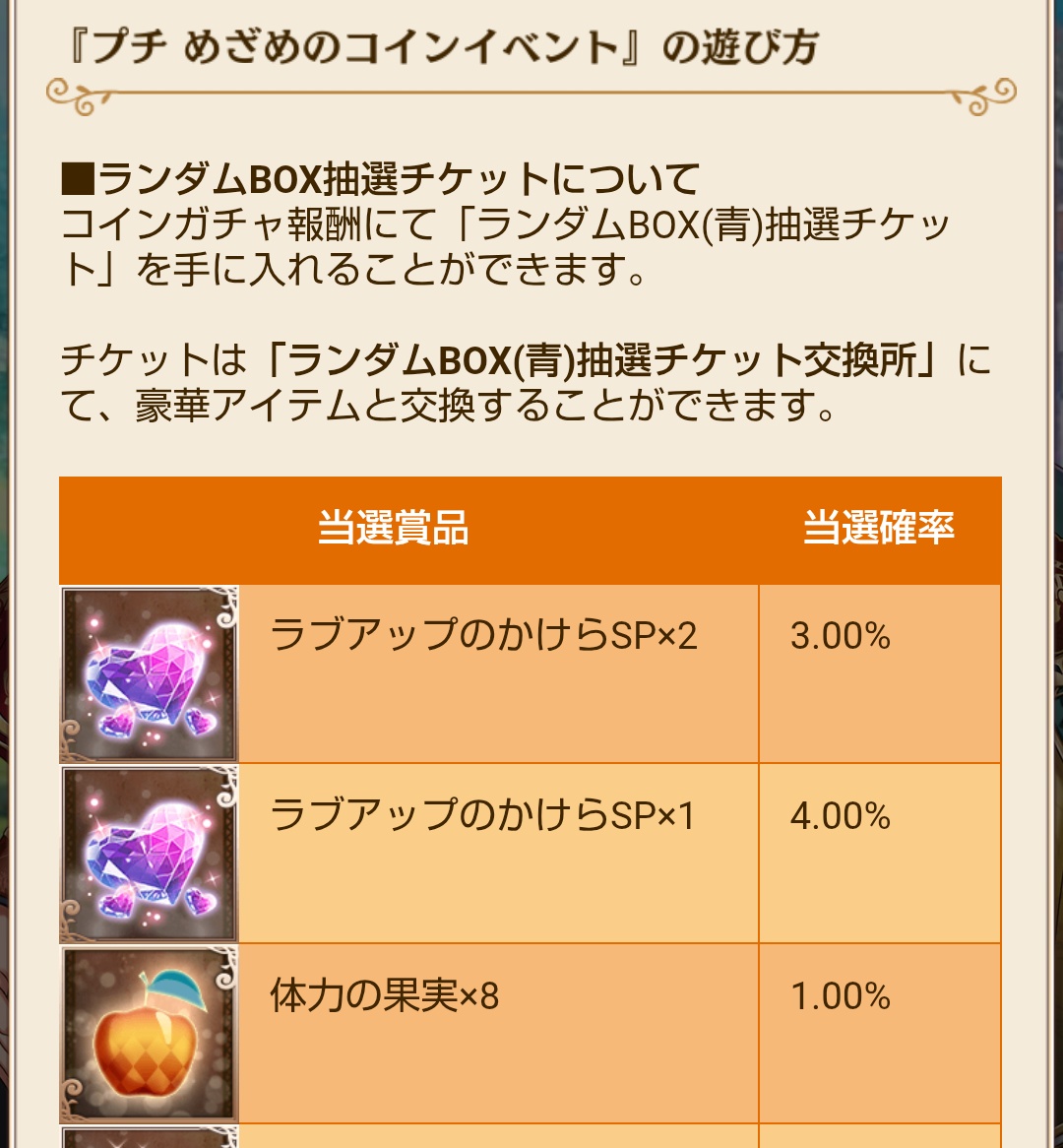 プチ めざめのコインイベントが始まったので、報酬などをチェック…👀 大きく変わっている所がありました。  ①☆5メモリーの初回確定登場が大分早くなっています！（前回は1500回目 ②ランダムBOX抽選チケット(青)が新登場しています…！（1枚目、2枚目  #夢100
