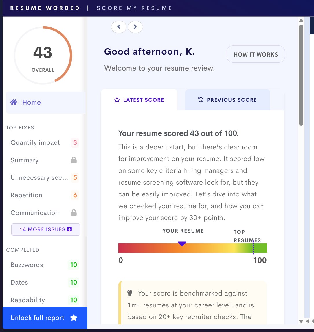 mhdrashik2's tweet image. Applied for Python Full Stack roles (Django + React).

Same resume, different ATS tools:
✅ SkillSyncer: 75%
⚠️ Jobscan: 66%
❌ Resume Worded: 43%
Which one is accurate?
How to get 75%+ consistently?
Help me improve! 🧠📩
#JobSearch #ResumeTips #PythonDeveloper #ATS #TechTwitter