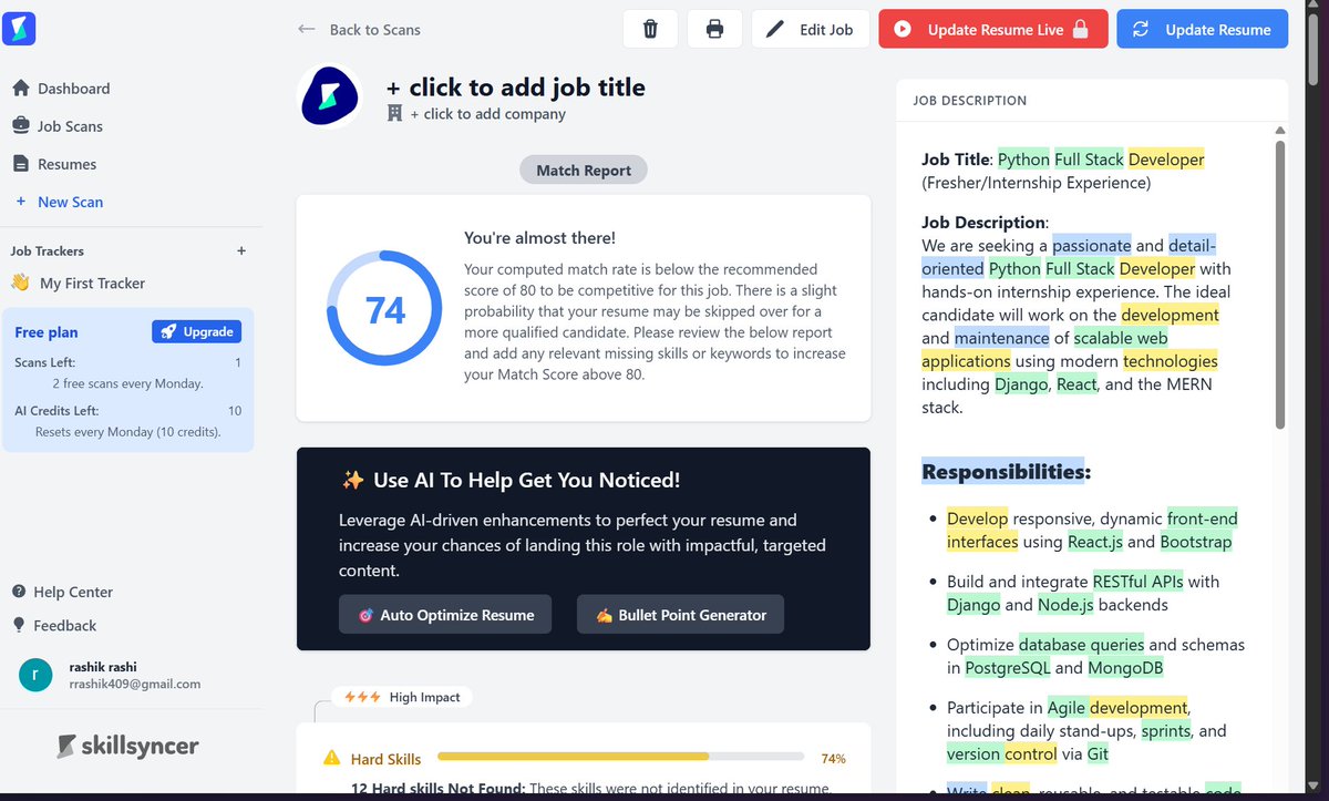 mhdrashik2's tweet image. Applied for Python Full Stack roles (Django + React).

Same resume, different ATS tools:
✅ SkillSyncer: 75%
⚠️ Jobscan: 66%
❌ Resume Worded: 43%
Which one is accurate?
How to get 75%+ consistently?
Help me improve! 🧠📩
#JobSearch #ResumeTips #PythonDeveloper #ATS #TechTwitter