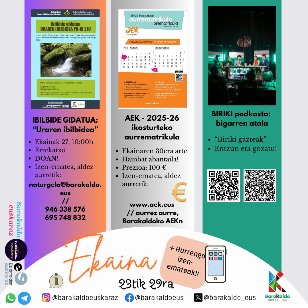 Adi, lagunok! 📣
Prest dago aste honetako #KulturAgenda! 📖📚📓
#NaturTailerrak, #IbilbideGidatuak... Irakurri patxadaz!👏😍🥳
#BarakaldoEuskaraz #AgendaBarakaldo #AisialdiaEuskaraz #Euskara #Kultura #FamilianEuskaraz #Planak #ZerEginBarakaldon #Tailerrak #Irteerak #Barakaldo