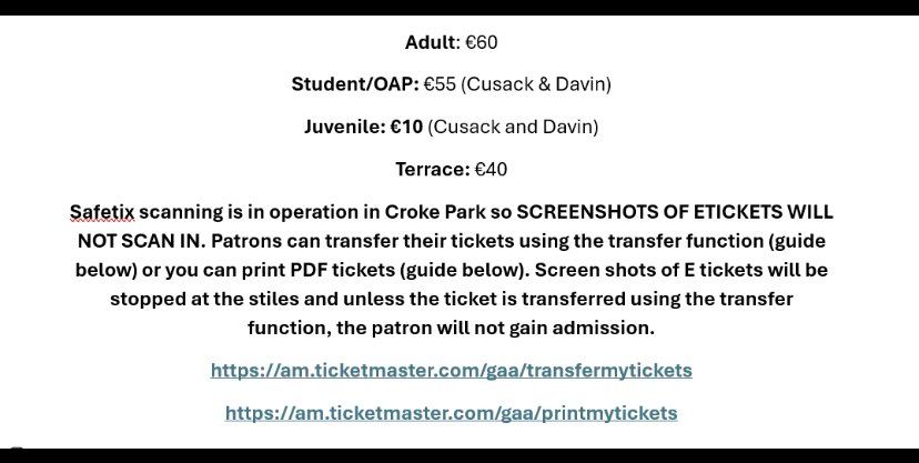 Tickets go on Sale TODAY AT 2pm 
for the All Ireland Senior Hurling Championship game on Sunday July 6th at 4pm in Croke Park. 
Please see. No club allocation of tickets for this game. Info attached
ticketmaster.ie/gaa-hurling-al….

Wheelchair tickets available am.ticketmaster.com/gaa/wheelchair.