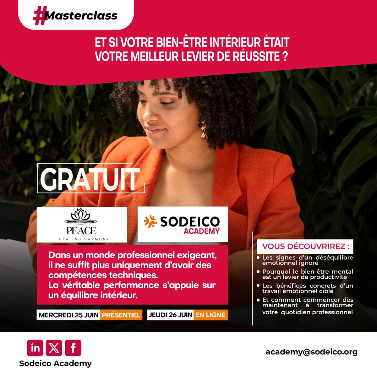 🚨 Complet en présentiel ! 🚨

Toutes les places en présentiel pour notre Masterclass « Bien-être émotionnel et mental : la clé de la performance durable dans la vie professionnelle » ont été réservées.

💻 Mais bonne nouvelle : il reste des places en ligne !