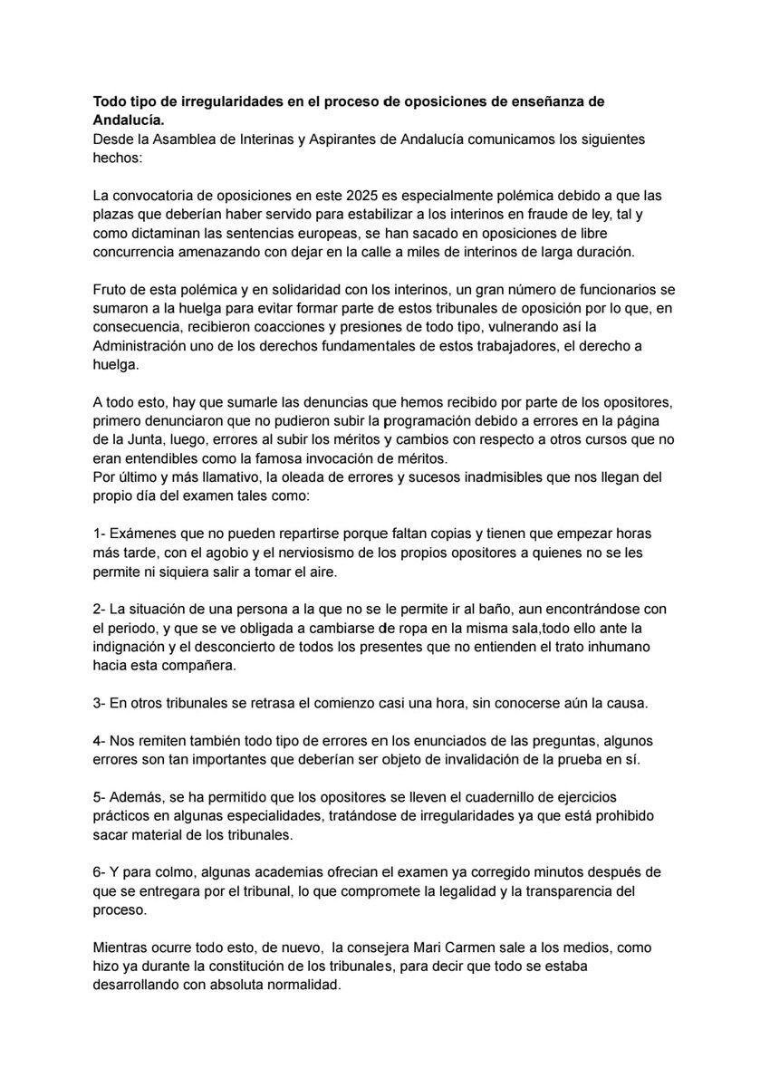 𝙏𝙤𝙙𝙤 𝙩𝙞𝙥𝙤 𝙙𝙚 𝙞𝙧𝙧𝙚𝙜𝙪𝙡𝙖𝙧𝙞𝙙𝙖𝙙𝙚𝙨 𝙚𝙣 𝙚𝙡 𝙥𝙧𝙤𝙘𝙚𝙨𝙤 𝙙𝙚 𝙤𝙥𝙤𝙨𝙞𝙘𝙞𝙤𝙣𝙚𝙨 𝙙𝙚 𝙚𝙣𝙨𝙚ñ𝙖𝙣𝙯𝙖 𝙙𝙚 𝘼𝙣𝙙𝙖𝙡𝙪𝙘í𝙖

Desde la Asamblea Andaluza de Docentes Interinas y Aspirantes comunicamos los siguientes hechos: