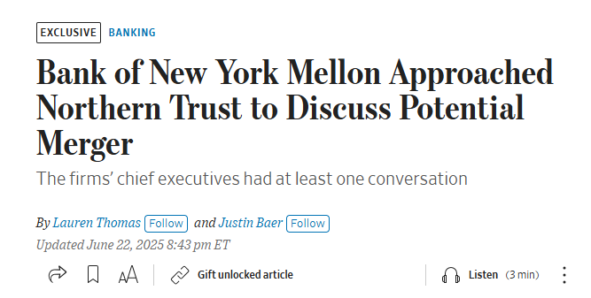 MikeZaccardi's tweet photo. Bank of New York Mellon Approached Northern Trust to Discuss Potential #MergerMonday @wsj $BK https://t.co/FtMpP8kaJO