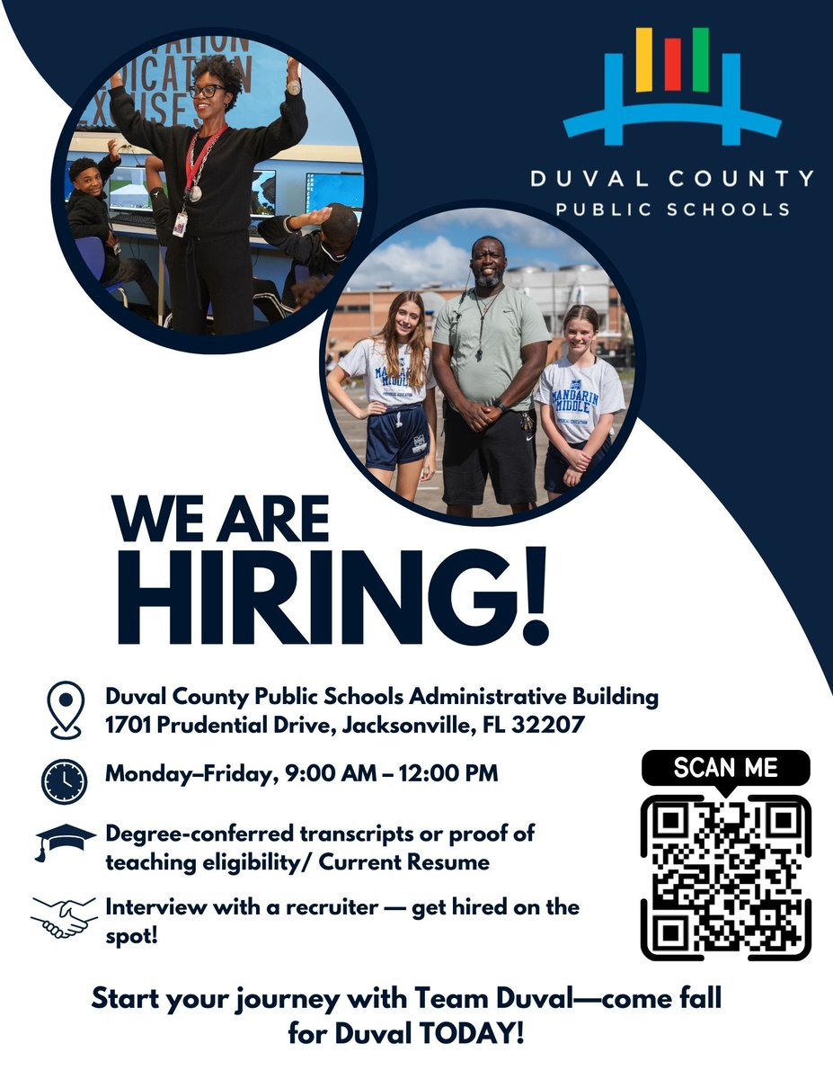 DuvalSchoolsHr's tweet photo. Looking to launch your education career? 💼
@DuvalSchools is hiring! Walk in Mon–Fri, 9 AM–12 PM
📍 1701 Prudential Dr, Jax
🎯 Resume + proof of eligibility = on-the-spot interview!
Start here 👉 https://t.co/04dGu4R09G
#TeamDuval #NowHiring #EdJobs #JaxJobs https://t.co/8LoTvxlWXN