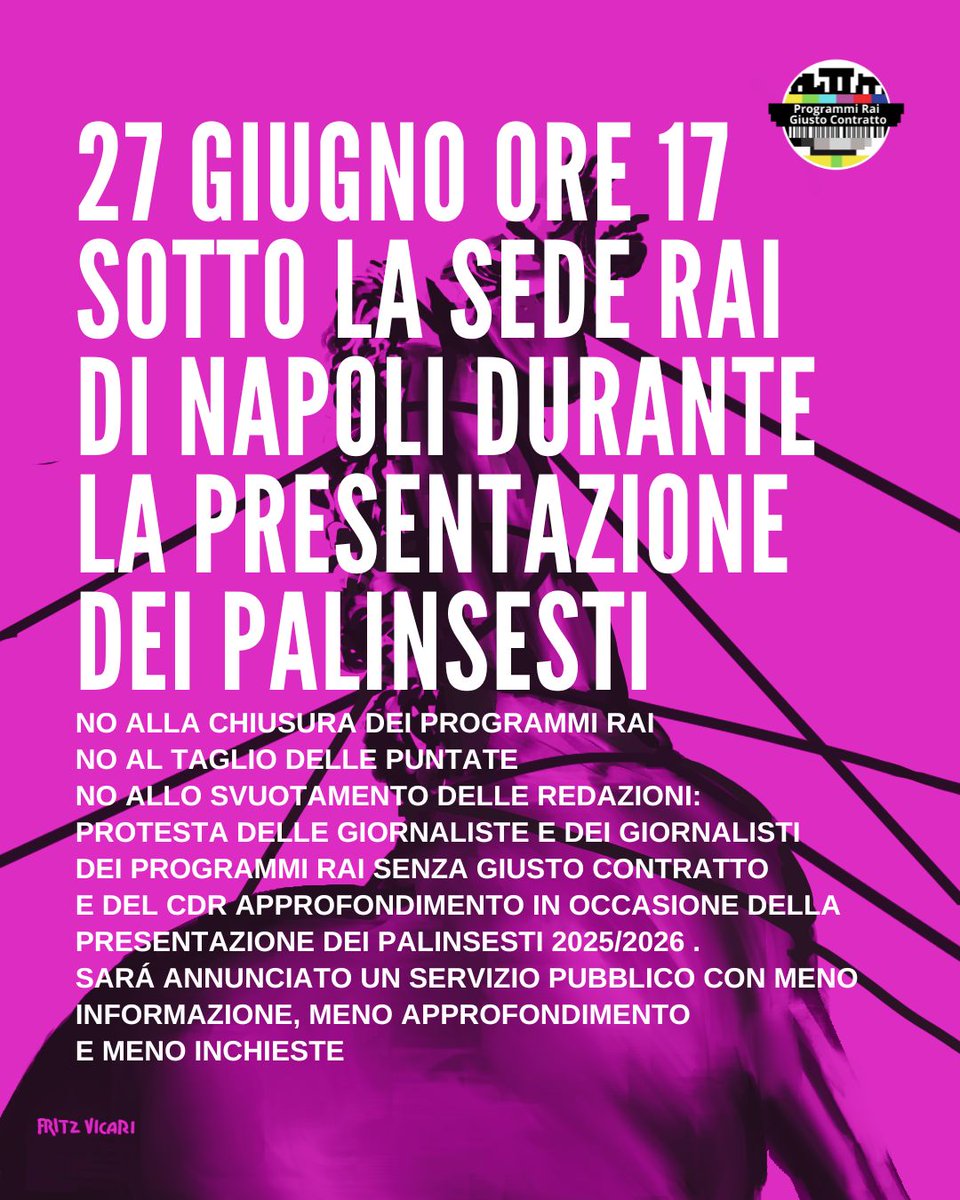 Il 27 giugno a Napoli i dirigenti della Rai presenteranno un palinsesto del Servizio Pubblico con meno informazione, meno approfondimento e meno inchieste. Cdr Approfondimento Rai e Coordinamento “Programmi Rai - Giusto Contratto" in protesta dalle 17
#IlPalinsestoSiamoNoi