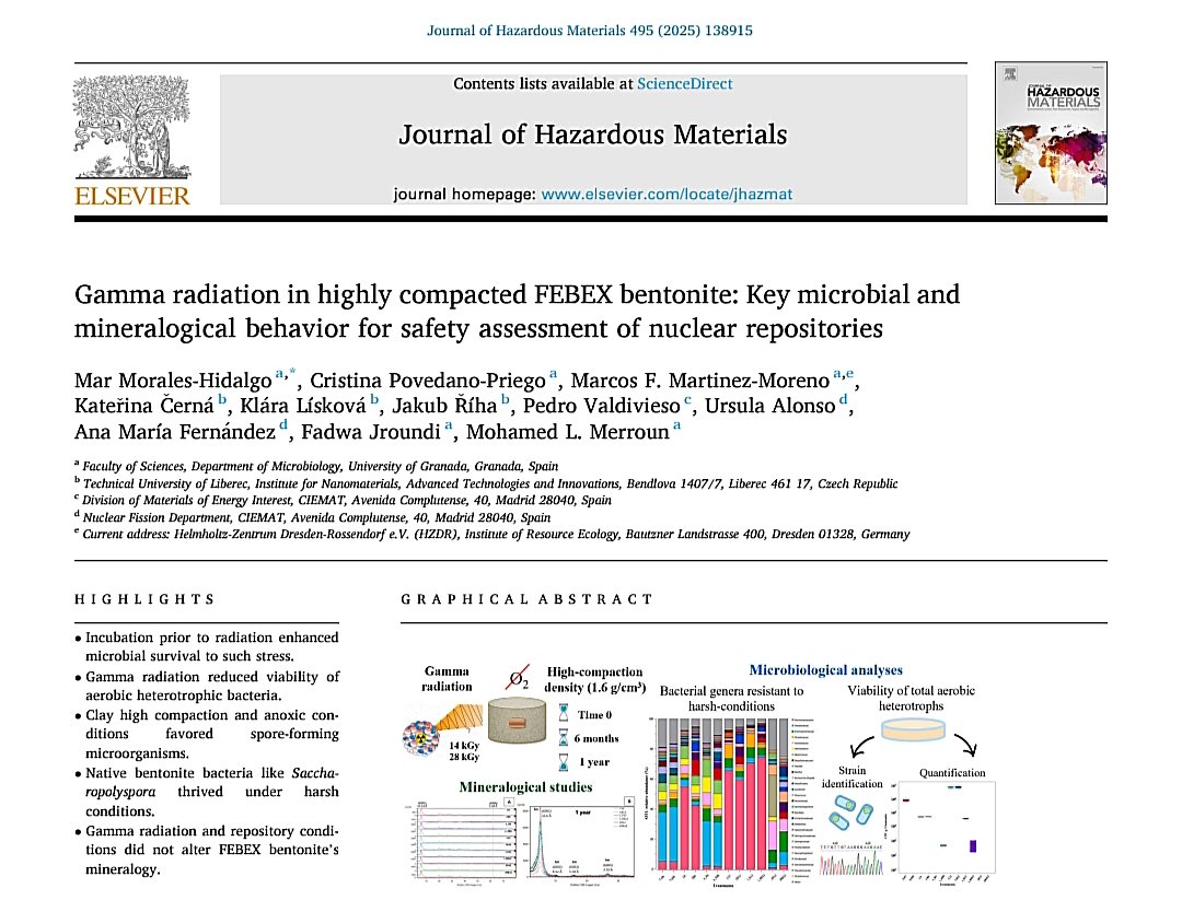 maarmh's tweet image. Happy to share that part of my PhD work has just been published in Journal of Hazardous Materials! 🎉
We explored how gamma radiation affects FEBEX bentonite microbiology, crucial for nuclear waste safety.
Done within @EJP_EURAD and in collaboration with @FFision @CIEMAT_OPI
