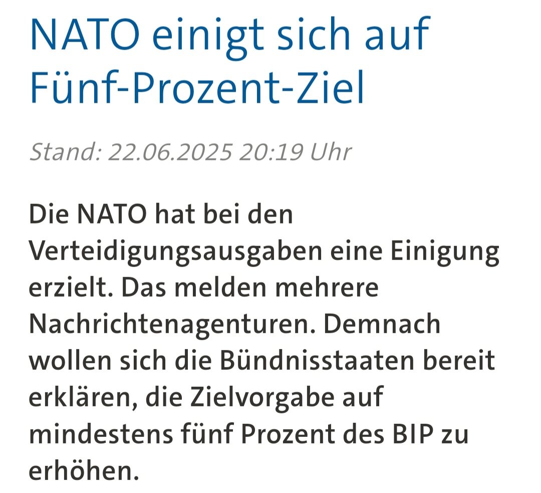 Jetzt ist es offiziell: Das Kriegs- und Aufrüstungsbündnis #NATO will seine Mitglieder verpflichten, 5% des BIP für das Militär auszugeben. Ausnahmen gibt es wohl nur für die Führungsmacht #USA, die die europäischen Vasallen für seine Großmachtinteressen blechen lassen will, und
