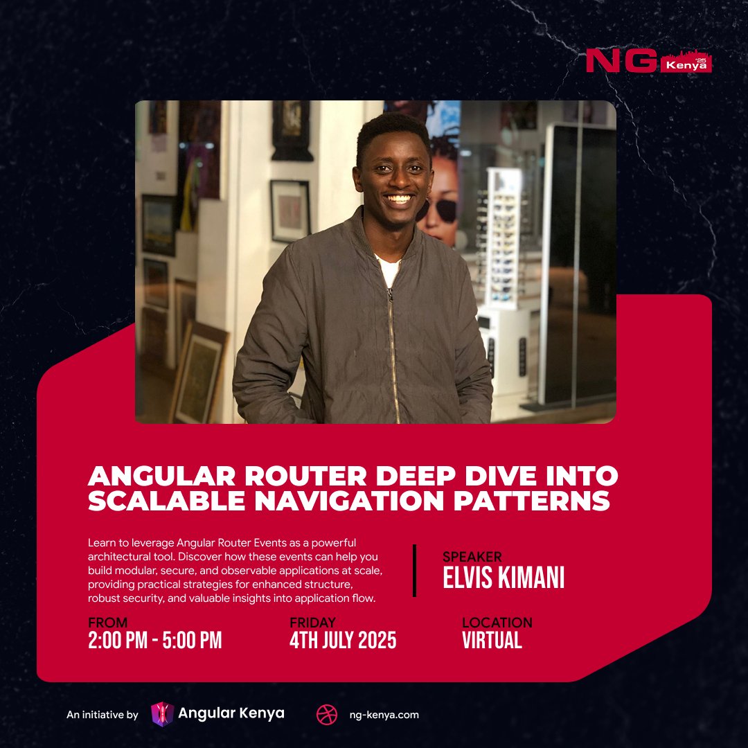 This year NG Kenya will be an exciting 2-day event! Day 1 kicks off virtually, followed by Day 2 in-person at iHub Nairobi - giving you the best of both worlds for learning and networking.

 <a href="/el_kimani/">Kimani</a> will guide NG Kenya through Angular Router mastery! Scalable navigation