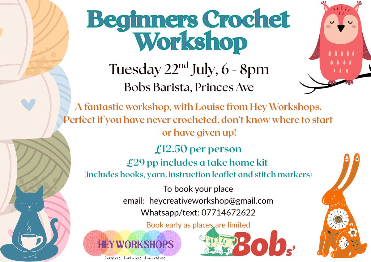 Want to learn how to crochet but don't know where to start? This Beginners Crochet Workshop is for you.
Only a few places left! #crochet #workshop drop me a message if you would like to book a place.

<a href="/hull_libraries/">Hull Libraries</a> <a href="/Hulls107FM/">Hull's 107FM</a> <a href="/HCCWest/">West Hull Area Committee</a> <a href="/HCCEastArea/">East Hull Area Committee</a> <a href="/ArtlinkHull/">Artlink Hull</a> <a href="/Kofi_Smiles/">A Scimitar Tongue</a>