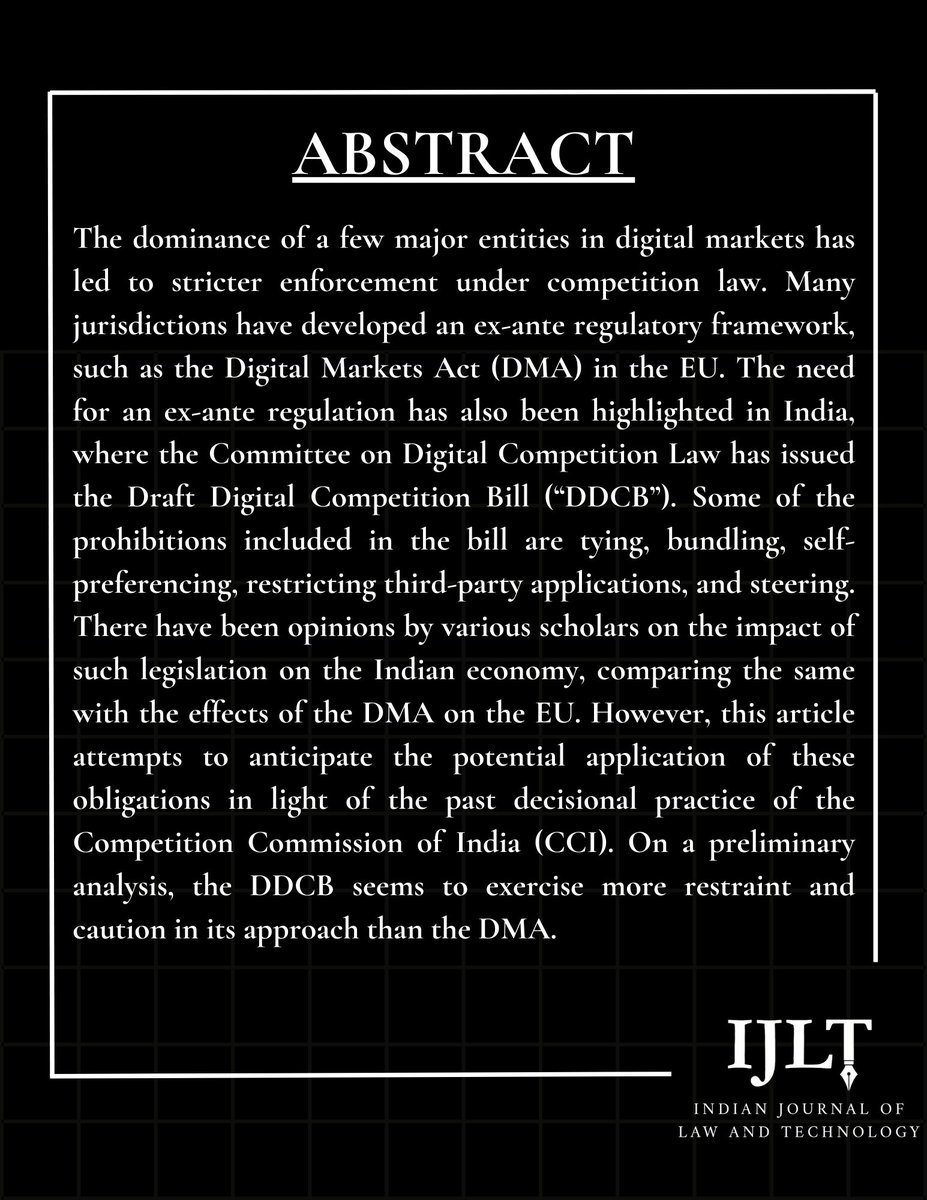 ijltnls's tweet photo. In 19(2)'s 3rd article, Pankhudi Khandelwal analyses the past decisional practice of the CCI to predict the impact of the Digital Competition Bill and explore the scope of likely change. #CCI #techlaw #IJLT #antitrust #DigitalCompetitionBill

Read: https://t.co/HrsPAmAmza https://t.co/bCJtLagjwW