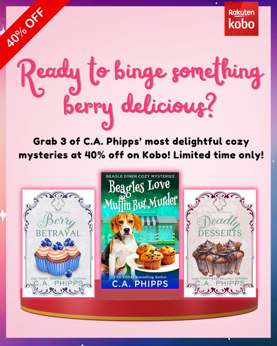 Limited-time deal on cozy mysteries by C.A. Phipps!
Get Deadly Desserts, Beagles Love Muffin But Murder, and Berry Betrayal — all at 40% off on Kobo.
Sweet crimes. Small towns. Big secrets.
👉 kobo.com/p/june-vip

#CozyMystery #KoboVIP #BookDeals #MysterySale