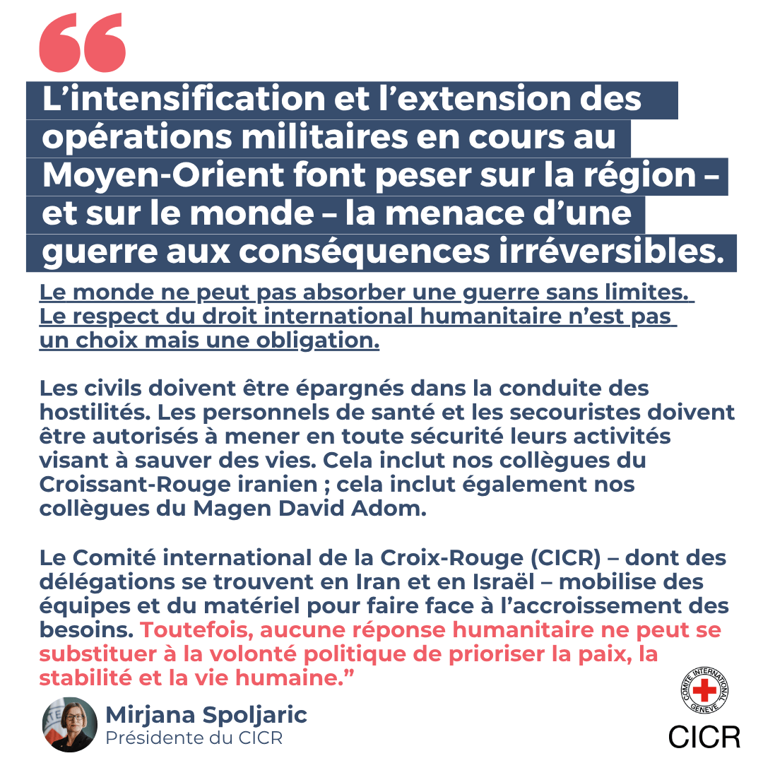 CICR_fr's tweet photo. "L’intensification et l’extension des opérations militaires en cours au Moyen-Orient font peser sur la région – et sur le monde – la menace d’une guerre aux conséquences irréversibles", Mirjana Spoljaric, Présidente du CICR 👇🏽 https://t.co/UeT3SjniZY