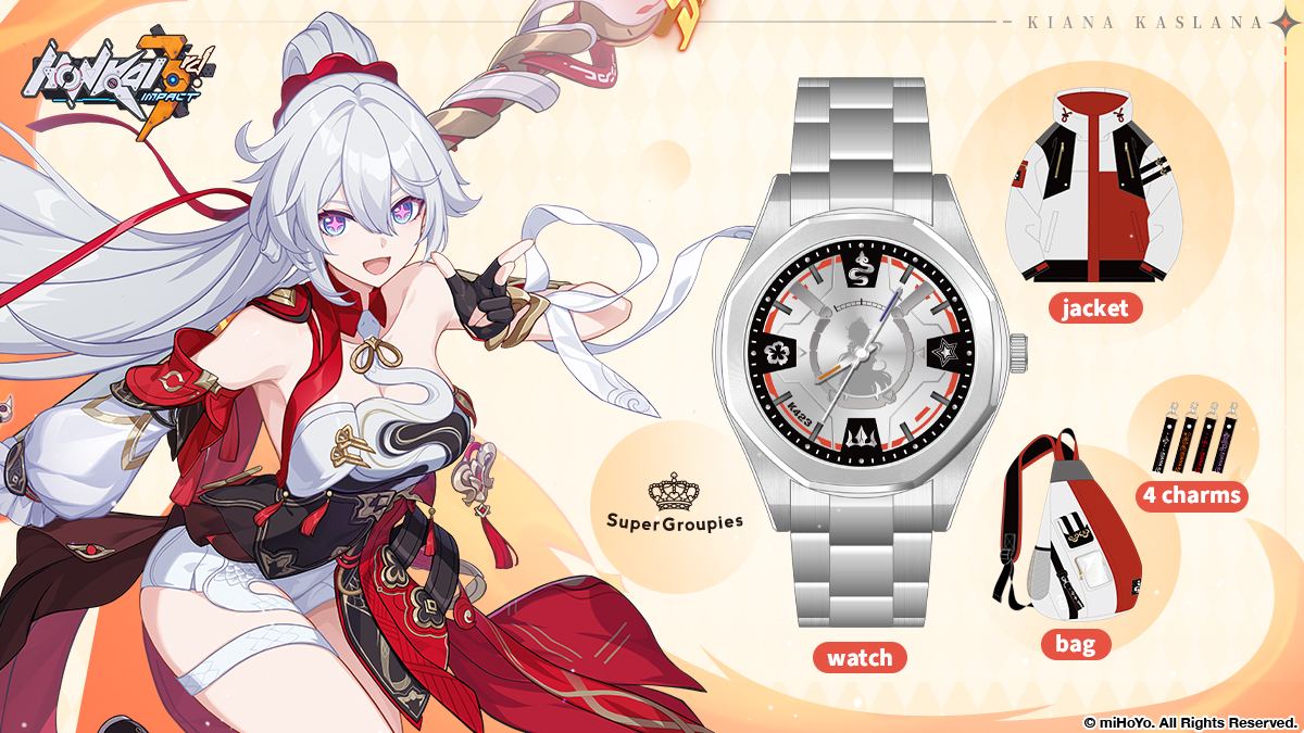 SuperGroupiesUS's tweet photo. Introducing our new #HonkaiImpact3rd collection!

Honkai Impact 3rd watch, jacket, and crossbody bag are inspired by Kiana Kaslana.

⏰ Pre-order deadline: Aug. 3 @ 8PM Pacific

☆☆ Pre-order here ▼
https://t.co/WL4uFsYWw1 https://t.co/pFbvMzKMcP