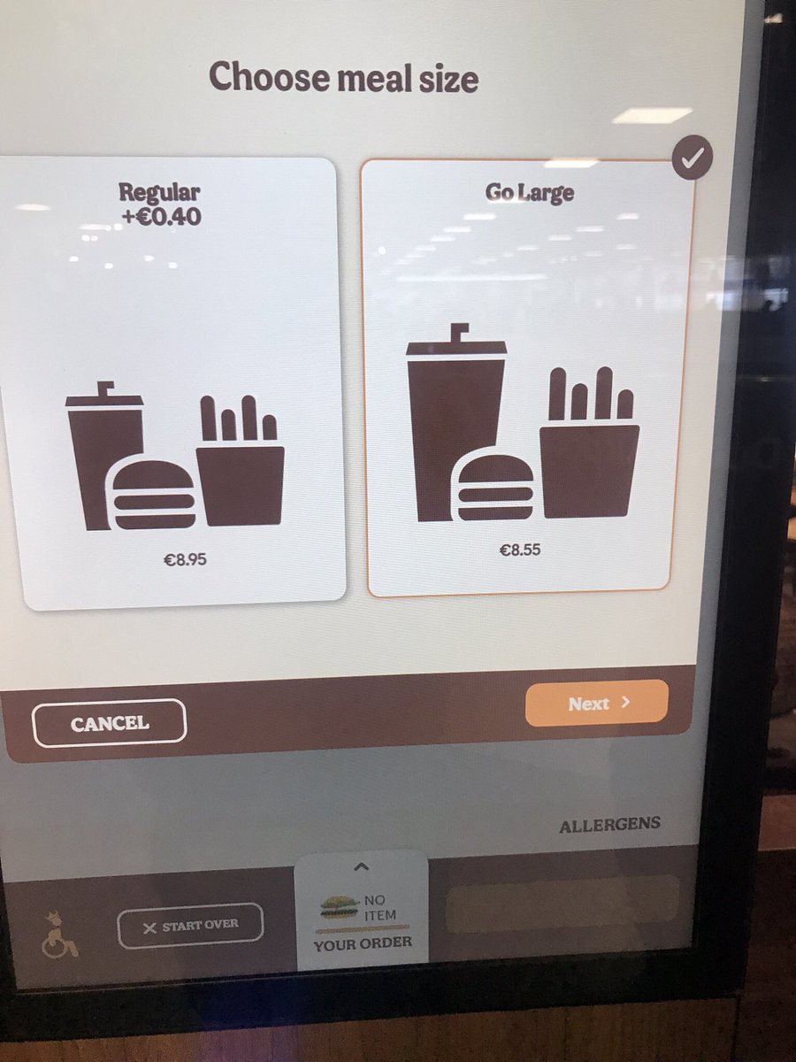 Jdalton67's tweet photo. @BurgerKing_IRL Hi, am a bit confused with the prices displayed on your ordering kiosk. Is a regular size meal more expensive than a large size meal ? It seems so. https://t.co/1r8HY0NuJp