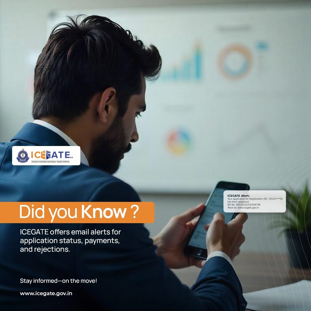 ICEGATE_CBIC's tweet image. 🔔 Did you know?

ICEGATE offers email alerts for application status, payments, and rejections.

Stay informed—on the move!

#SmartTrade #CustomsUpdates #ICEGATEalerts