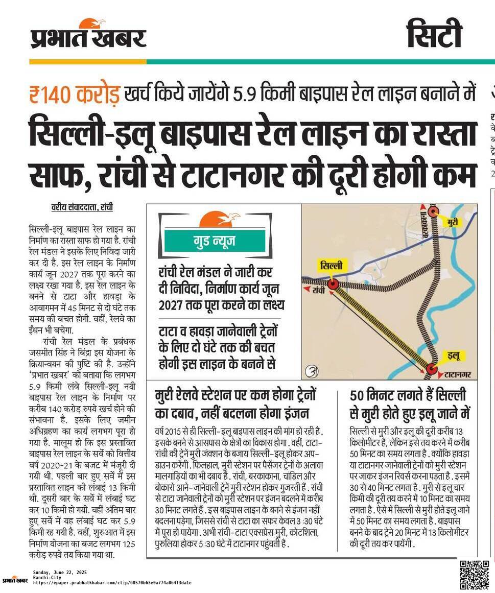 5.9 km सिल्ली इलू बाईपास रेललाइन निर्माण कार्य हेतु <a href="/drmrnc/">Ranchi Div</a> द्वारा निविदा जारी किया जाना उत्साहित करनेवाली खबर है। भूमि अधिग्रहण का कार्य पूर्ण होने से परियोजना को गति मिलने की संभावना बनी है। इससे यात्रियों का समय बचेगा, मुरी स्टेशन पर ट्रेनों का दबाव कम होगा,ईंधन की भी बचत होगी