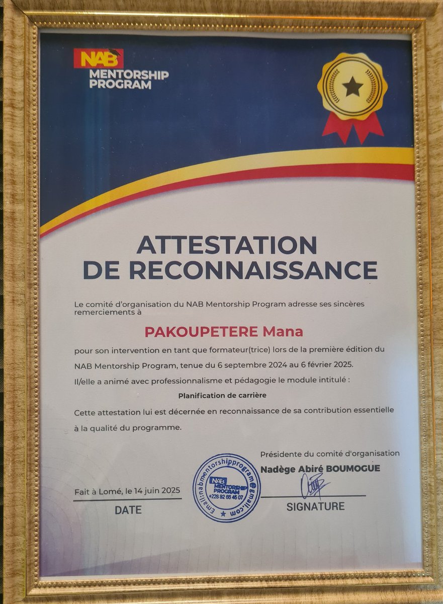 ✨ Heureuse d’avoir contribué au @NABMentorshipProgram en tant que #formatrice du module #Planification_de_carrière (sept. 2024 – fév. 2025).

🙏🏽 Merci à la Présidente et au comité pour leur confiance.

🎓 Honneur de transmettre, fierté de recevoir.

#Mentorat 
#Leadership