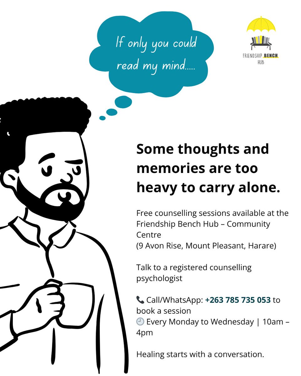 Some thoughts and memories are too heavy to carry alone. We are here to listen. We are here for you.

📍 9 Avon Rise, Mount Pleasant, Harare
🗓 Mondays to Wednesdays | 10am – 4pm
📞 Call/WhatsApp +263 785 735 053 to book a session

Healing starts with a conversation.