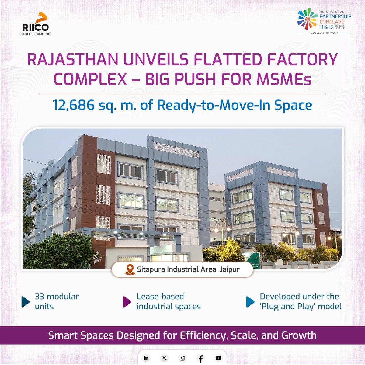 Rising Rajasthan (@biprajasthan) on Twitter photo As Rajasthan gears up for the โ๐ฅ๐ถ๐๐ถ๐ป๐ด ๐ฅ๐ฎ๐ท๐ฎ๐๐๐ต๐ฎ๐ปโ ๐ฃ๐ฎ๐ฟ๐๐ป๐ฒ๐ฟ๐๐ต๐ถ๐ฝ ๐๐ผ๐ป๐ฐ๐น๐ฎ๐๐ฒ ๐ฎ๐ฌ๐ฎ๐ฑ, a significant milestone has been achieved in advancing MSME growth across the state.
For the first time, RIICO has introduced Flatted Factory Complex under the As Rajasthan gears up for the โ๐ฅ๐ถ๐๐ถ๐ป๐ด ๐ฅ๐ฎ๐ท๐ฎ๐๐๐ต๐ฎ๐ปโ ๐ฃ๐ฎ๐ฟ๐๐ป๐ฒ๐ฟ๐๐ต๐ถ๐ฝ ๐๐ผ๐ป๐ฐ๐น๐ฎ๐๐ฒ ๐ฎ๐ฌ๐ฎ๐ฑ, a significant milestone has been achieved in advancing MSME growth across the state.
For the first time, RIICO has introduced Flatted Factory Complex under the