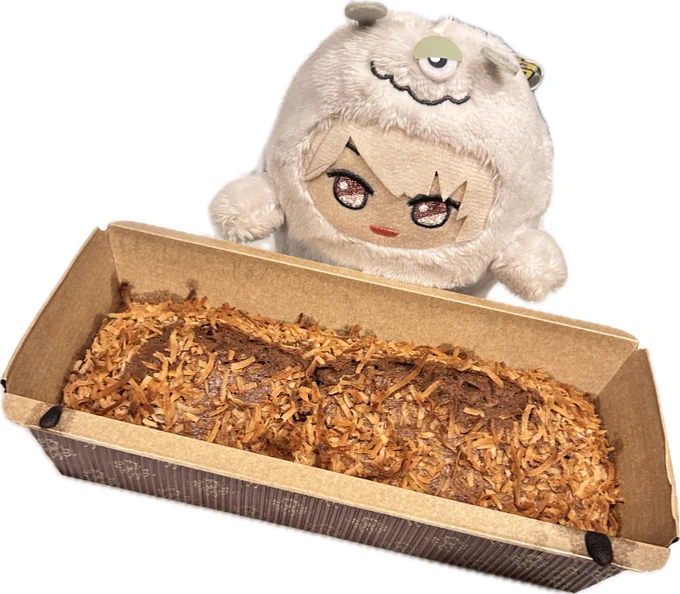 ココアのパウンドケーキの上にココナッツいっぱい乗せて、ミスドのココナツチョコレートのジェネリックになるぞと思って作ったら普通に焼けちゃってベビースターまぶしケーキになった 美味しいです