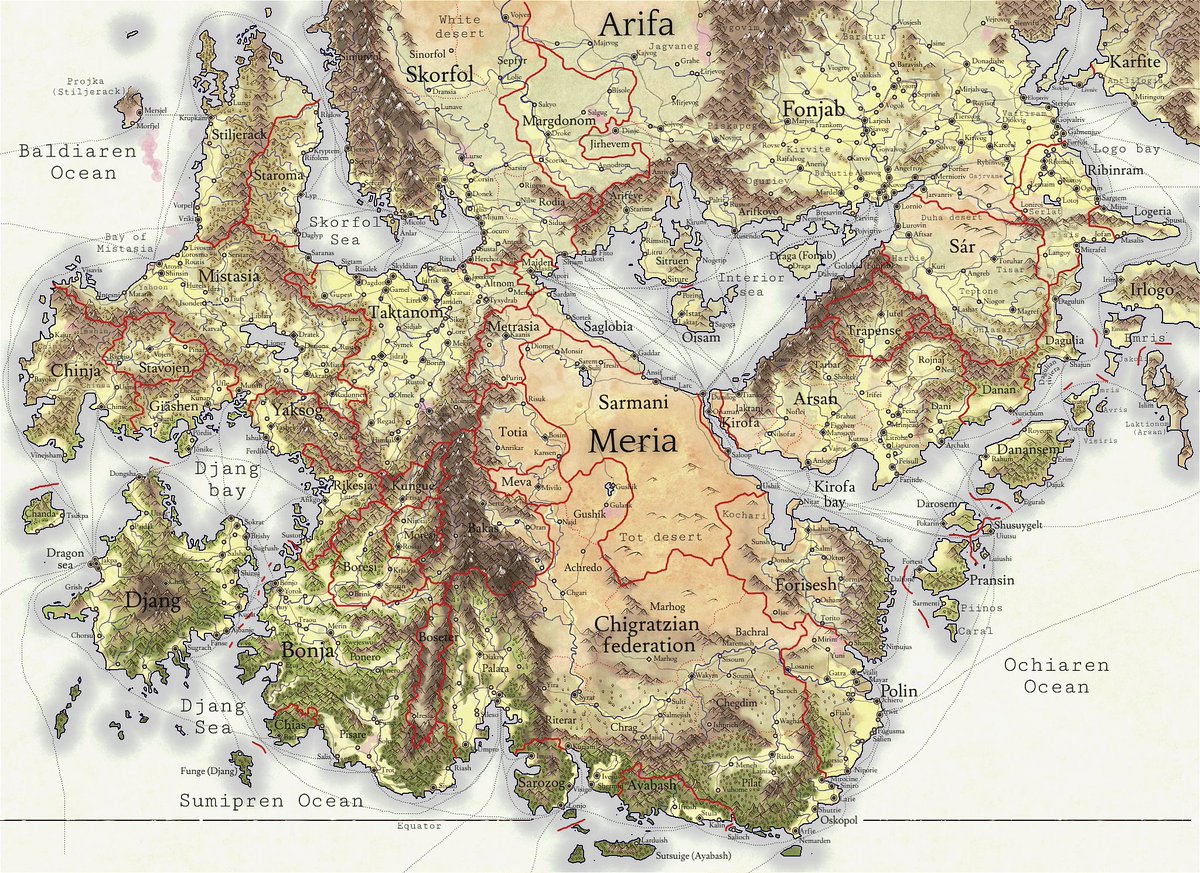 🌎 Meria and Southern Arifa 🌎
 
"These continents boast a rich history dating back to ancient times and are the dominant, most advanced regions of the world."
 
🎨 Map by Rutschleif´s maps on our Explore page, created using our Parchment World style.

#maps