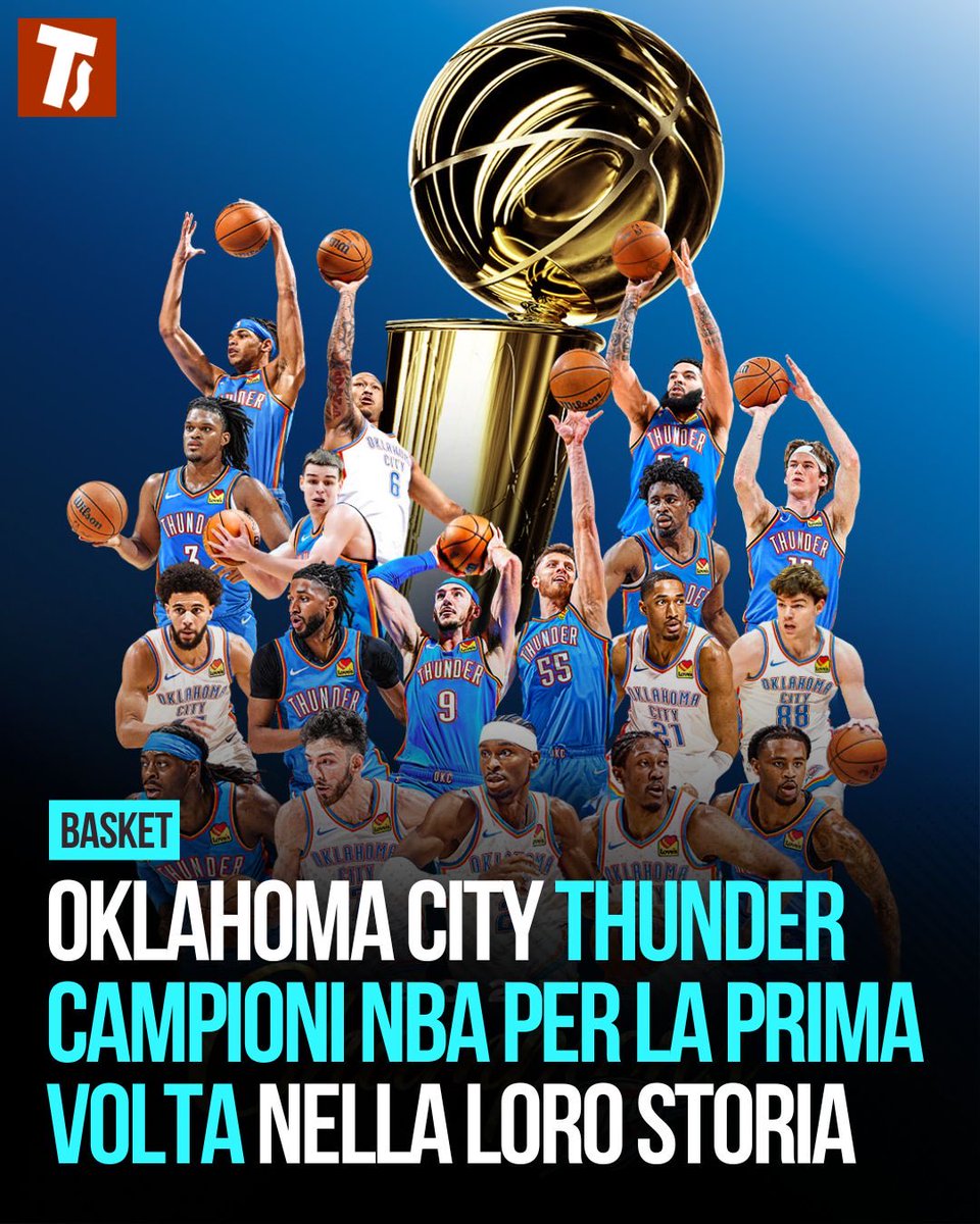 tuttosport's tweet photo. 𝐎𝐤𝐥𝐚𝐡𝐨𝐦𝐚 𝐧𝐞𝐥𝐥𝐚 𝐬𝐭𝐨𝐫𝐢𝐚! 🇺🇸

A spuntarla in gara 7 sono i Thunder che vincono il loro primo anello NBA! Shai Gilgeus-Alexander autentico trascinatore con 29 punti e 12 assist 🏀

#Tuttosport #nba #oklahomathunders #indianapacers https://t.co/V8geYej4ri