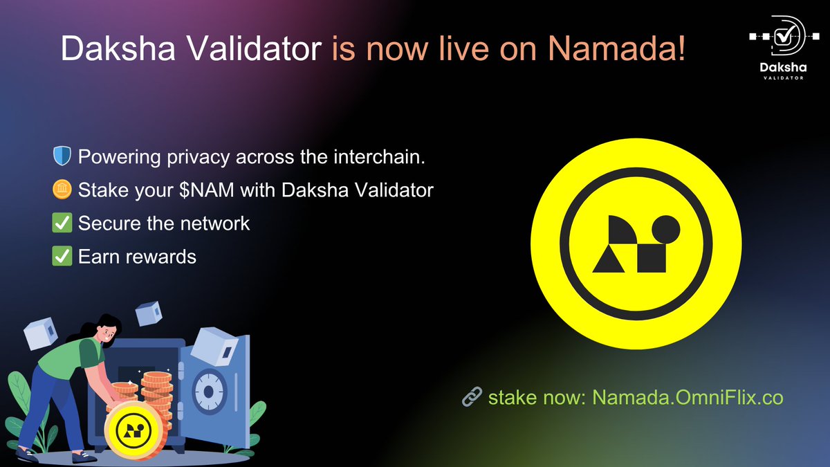 Daksha Validator (@dakshavalidator) on Twitter photo <a href="/DakshaValidator/">Daksha Validator</a> is now live on <a href="/Namada/">Namada</a> — powering privacy across the interchain.
🪙 Stake your $NAM
✅ Secure the network
👉 Namada.OmniFlix.co
Kudos to <a href="/OmniFlixNetwork/">Aline dos santos Silva</a> & <a href="/CosmicValidator/">Cosmic Validator ⚛️</a> for the friendly UI. <a href="/DakshaValidator/">Daksha Validator</a> is now live on <a href="/Namada/">Namada</a> — powering privacy across the interchain.
🪙 Stake your $NAM
✅ Secure the network
👉 Namada.OmniFlix.co
Kudos to <a href="/OmniFlixNetwork/">Aline dos santos Silva</a> & <a href="/CosmicValidator/">Cosmic Validator ⚛️</a> for the friendly UI.