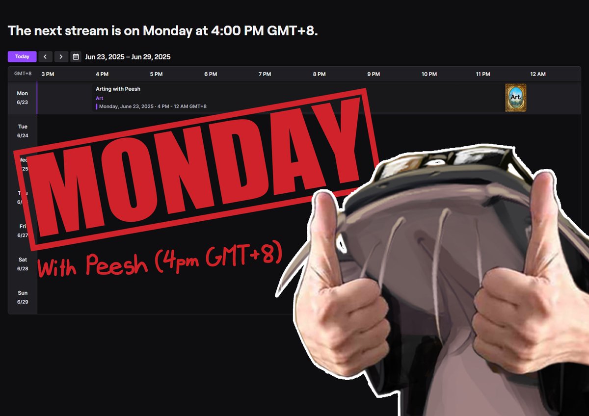 Peesh_san's tweet image. I never had a stream schedule!
Now that college is over, i wanna start working on one. for starters lets do every Monday and maybe ill add more days as i get more accustomed to scheduling :>