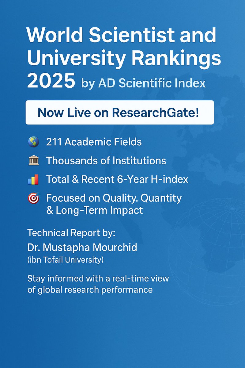 ADscientificind's tweet photo. 🌍 World Scientist & University Rankings 2025 by AD Scientific Index is now LIVE on ResearchGate!
impact
🖋 Technical Report by Dr. Mustapha Mourchid (@ Ibn Tofail University)
#ADScientificIndex #UniversityRankings #HIndex #AcademicImpact #ResearchGate #WorldRankings #Science https://t.co/M3vIppPVyu