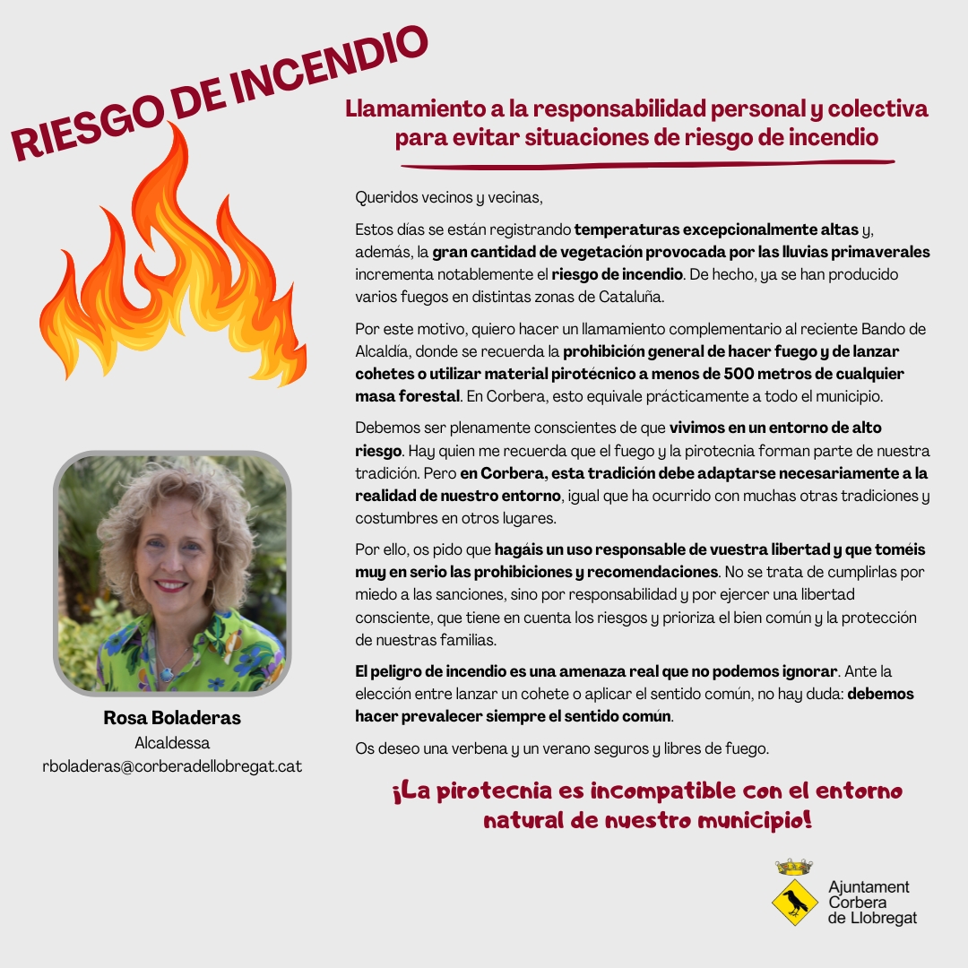 AjCorberaLl's tweet photo. Crida a la responsabilitat personal i col·lectiva per a evitar situacions de risc d'incendi https://t.co/3h60F4y5ZU