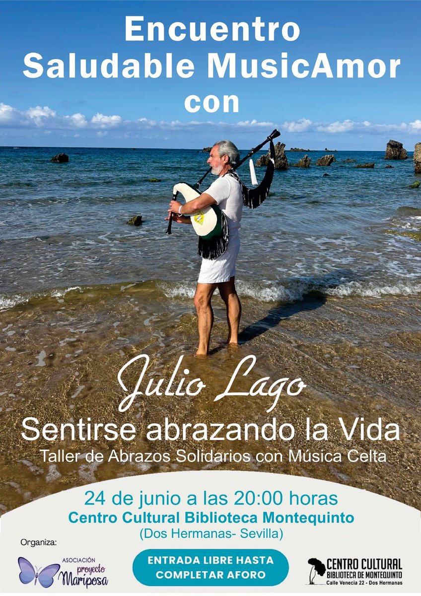 Biblioteca de Montequinto (Dos Hermanas) (@bibmontequinto) on Twitter photo 📢 ¿Qué?: encuentro MusicAmor «Sentirse abrazando la Vida»
👨💻 ¿Quién?: Julio Lago - Proyecto Mariposa
🆓 ¿Cómo?: participación libre 
📅 ¿Cuándo?:  martes 24 de junio a las 20:00 horas
📚 ¿Dónde?: #BibliotecaMontequinto #DosHermanas
ℹ️ Más información: bibliotecamontequinto.doshermanas.es/20250624-encue… 📢 ¿Qué?: encuentro MusicAmor «Sentirse abrazando la Vida»
👨💻 ¿Quién?: Julio Lago - Proyecto Mariposa
🆓 ¿Cómo?: participación libre 
📅 ¿Cuándo?:  martes 24 de junio a las 20:00 horas
📚 ¿Dónde?: #BibliotecaMontequinto #DosHermanas
ℹ️ Más información: bibliotecamontequinto.doshermanas.es/20250624-encue…