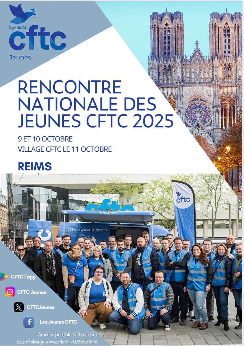 📣 Inscriptions ouvertes !
🔵 10e Rencontre Nationale des Jeunes #CFTC
📍 Reims – 9, 10, 11 octobre 2025
🚆🛏️🍽️ Prise en charge complète (CFESS)
⚠️ Réservée aux -36 ans
📲 like , partage et demande nous le lien d’inscription.

#jeunesse #syndicat #Reims2025 #militance #engagement
