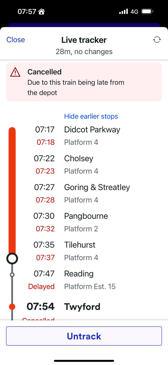 markirv11's tweet photo. @GWRHelp Hi, can you help all of us at Twyford understand how the reason for cancellation is “late dept from depot” when it was running just one minute behind earlier on… https://t.co/z4WZx8F3HV