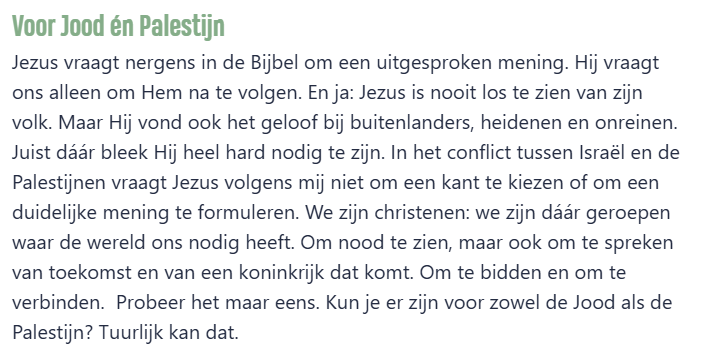 "Je laat met een selfie zien dat je een rode lijn trekt op het Malieveld óf je zet je tijdlijn vol met davidsterren. Je zet je in voor Christenen voor Israël óf je staat juist buiten de deuren pro-Palestina-leuzen te schreeuwen."
 
petrus.protestantsekerk.nl/artikel/column…