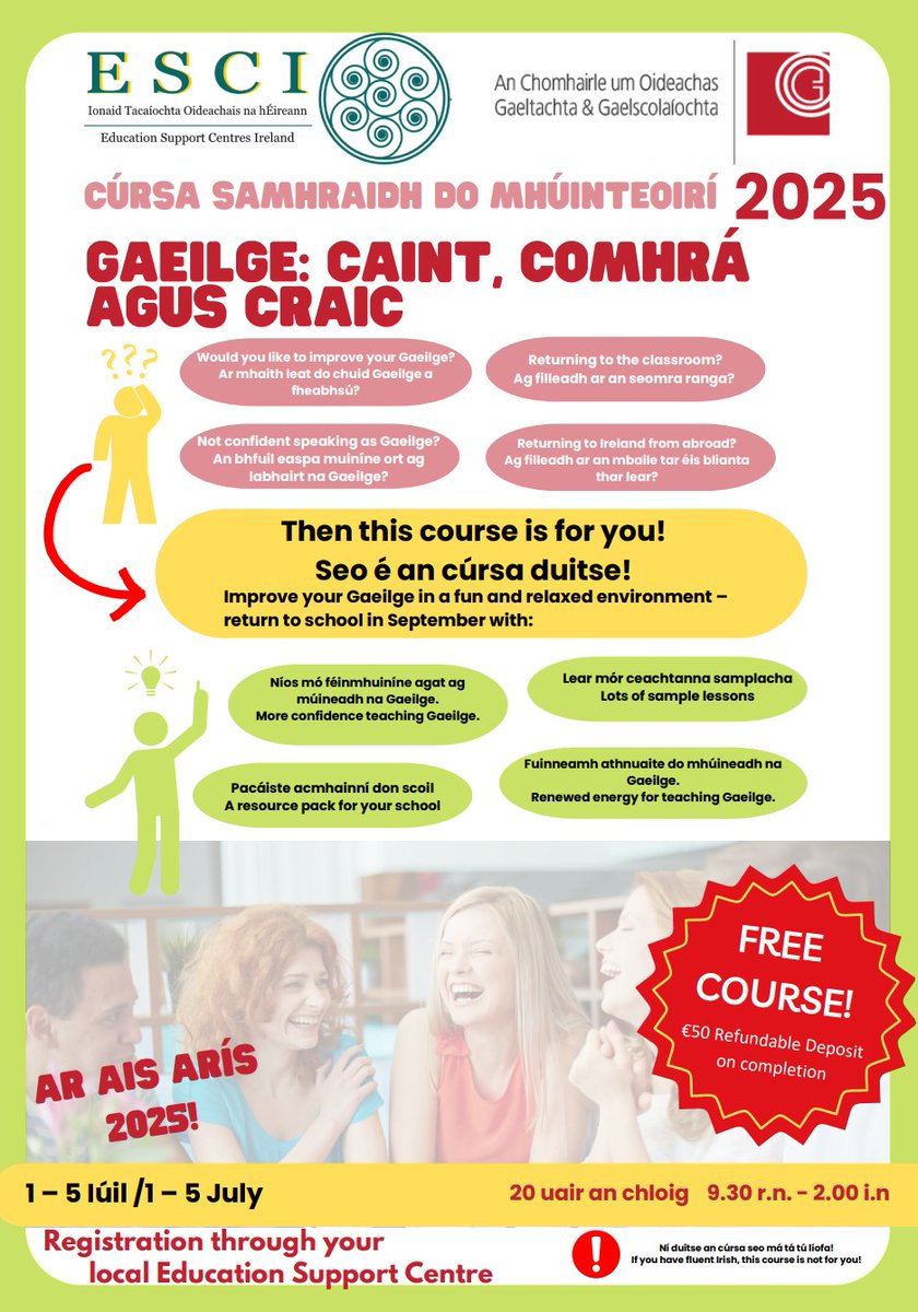 Cúrsaí samhraidh saor in aisce do mhúinteoiri bunscoile!

Primary teachers, register now for FREE practical summer courses to build up your confidence and competence in the Irish language!

Cláraigí anois!!!

#oidgael
#tairseachcogg