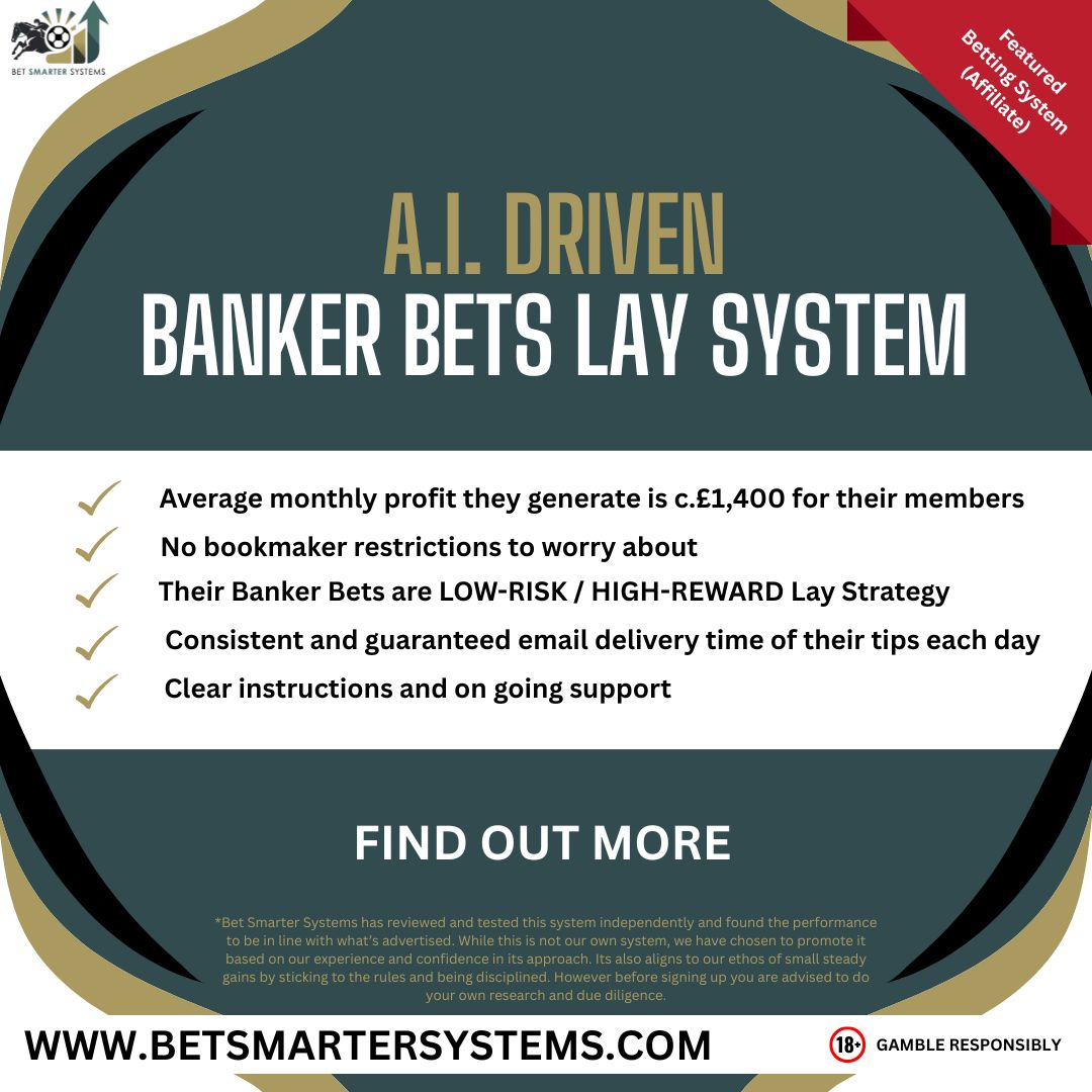 ***NEW BETTING SYSTEM***

Are you looking for a disciplined betting system? Stick to the rules and make steady gains. 

Introducing the A.I. Driven Bank Bets Lay System.

***Review here - zurl.co/QCVLV 

We’ve Put It to the Test – And It Delivers

We’re very selective