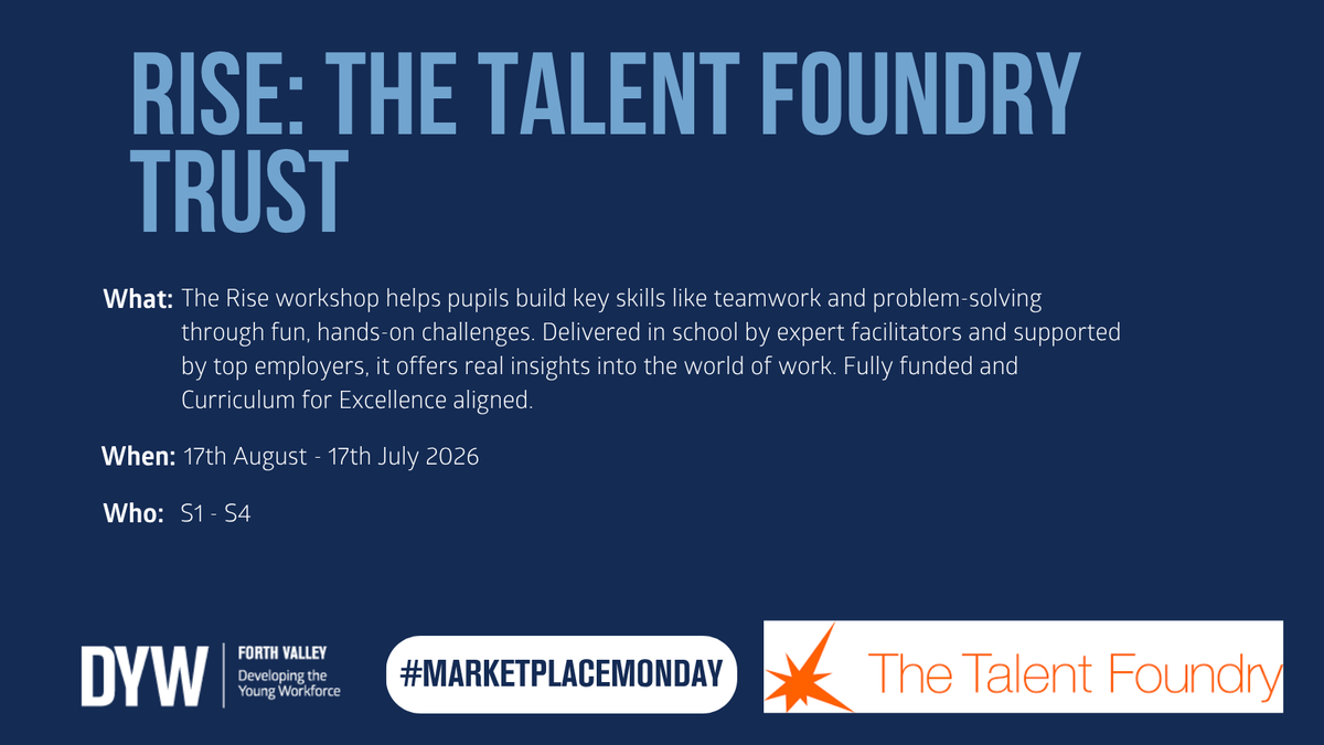 Teachers 📣

Give your S1–S4 pupils a boost in teamwork, problem-solving and career insight with The Rise workshop! 

Fully funded, in-school &amp; backed by top employers. 

Book now: bit.ly/3KXQ5y3 

#MarketplaceMonday