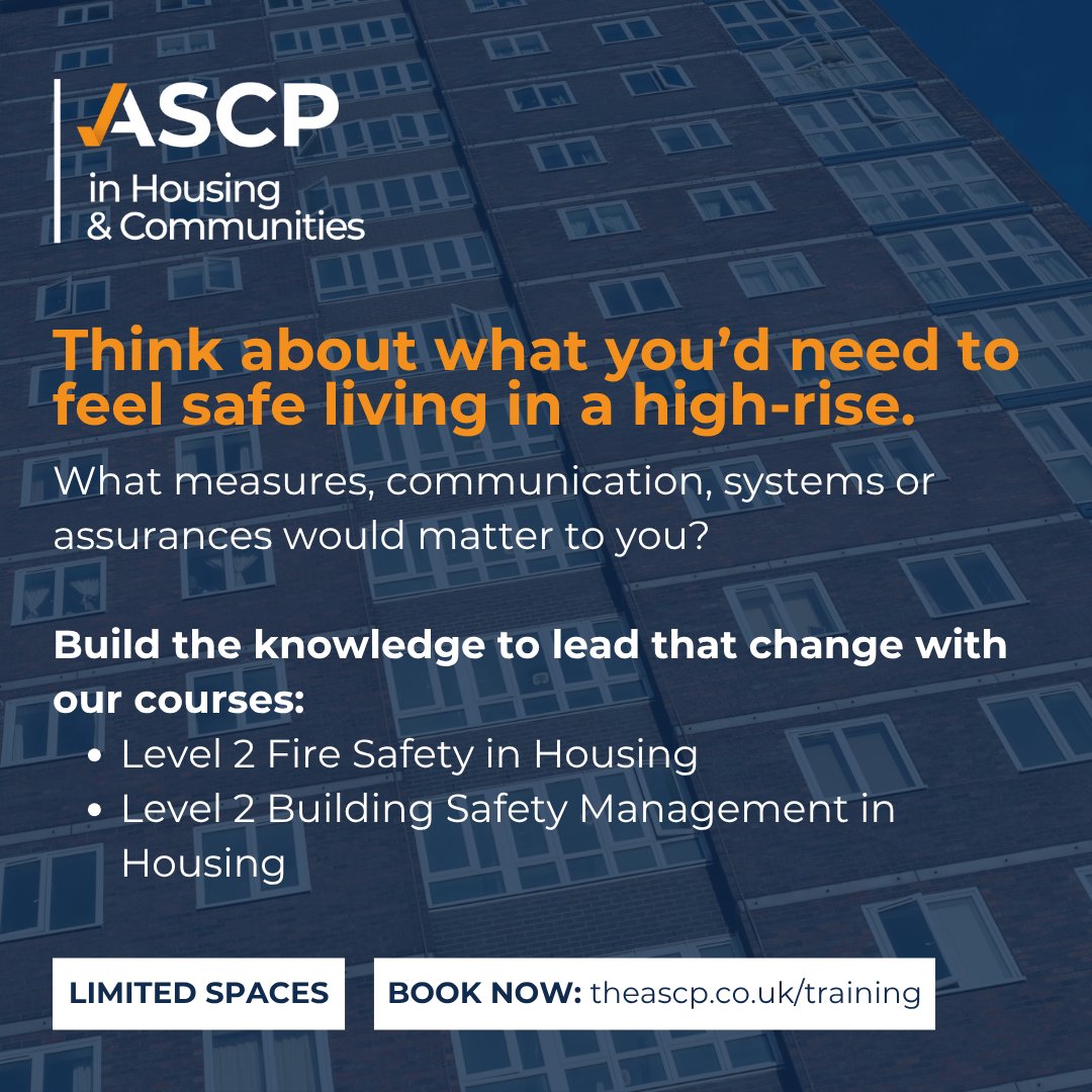 Think about what you'd need to feel safe in a high-rise.
What systems or reassurances would matter?

Our Level 2 courses in Fire Safety and Building Safety equip housing pros to lead that change.

Next course: 26 June (3 spots left for Building Safety!)
Book now: