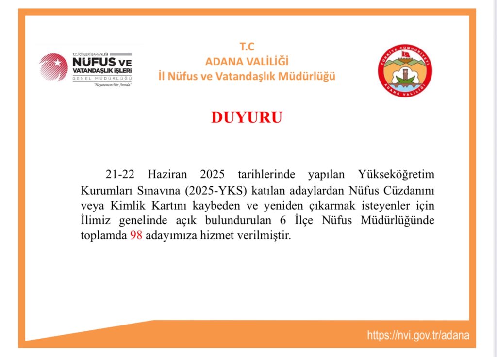 <a href="/TCAdanaValiligi/">T.C. Adana Valiliği</a> <a href="/TCNufus/">Nüfus ve Vatandaşlık İşleri Genel Müdürlüğü</a> <a href="/sakippehlivan/">SAKİP PEHLİVANOĞLU</a>