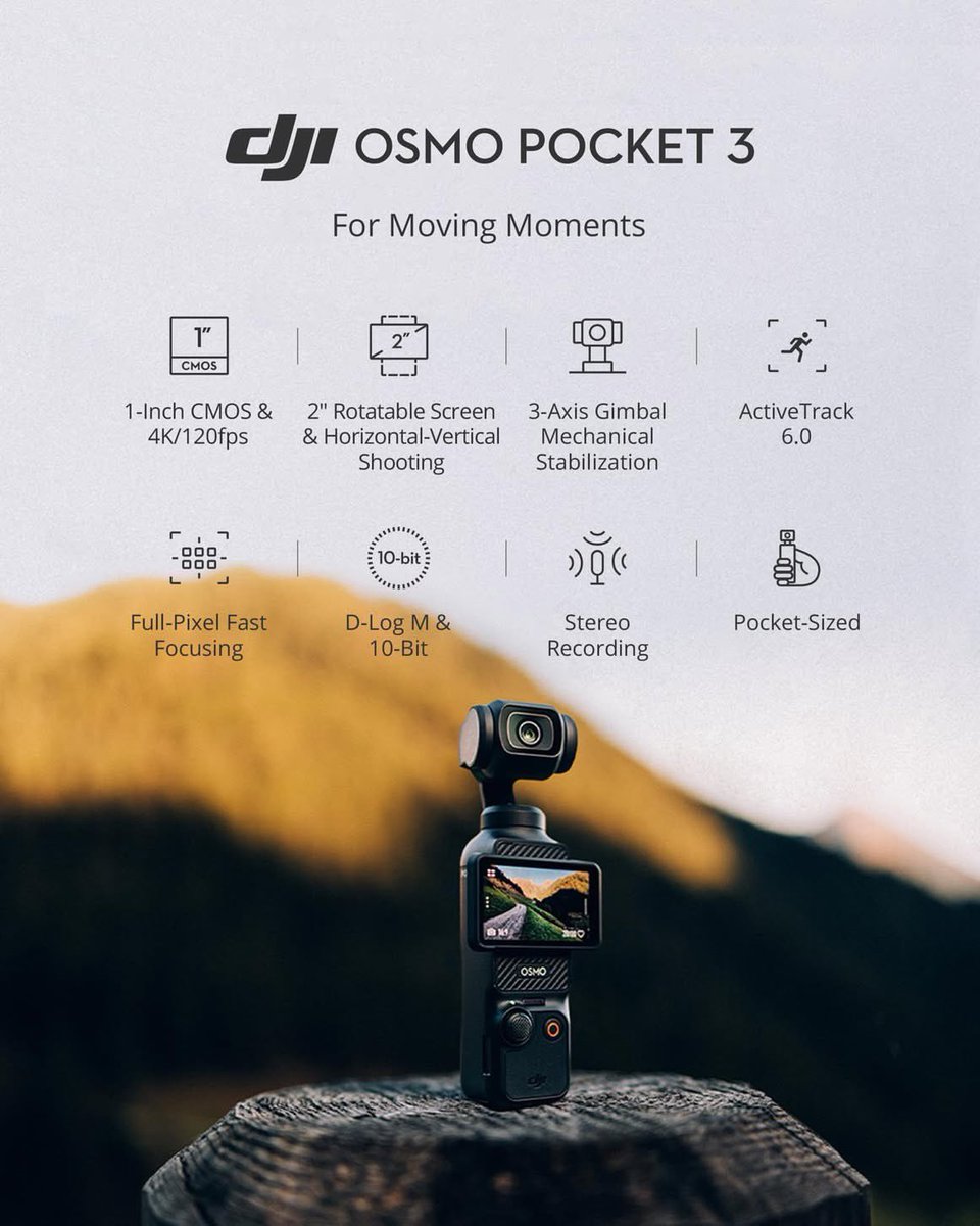 devicecentro's tweet photo. The all-new Pocket 3 features a powerful 1-inch CMOS sensor that puts detail-rich imaging right in the palm of your hand. With a 2” rotatable touchscreen and full-pixel fast focusing, go horizontal or vertical for more precise awareness and control.

DM https://t.co/ArMG1NrLsq https://t.co/t1dajaK4NI