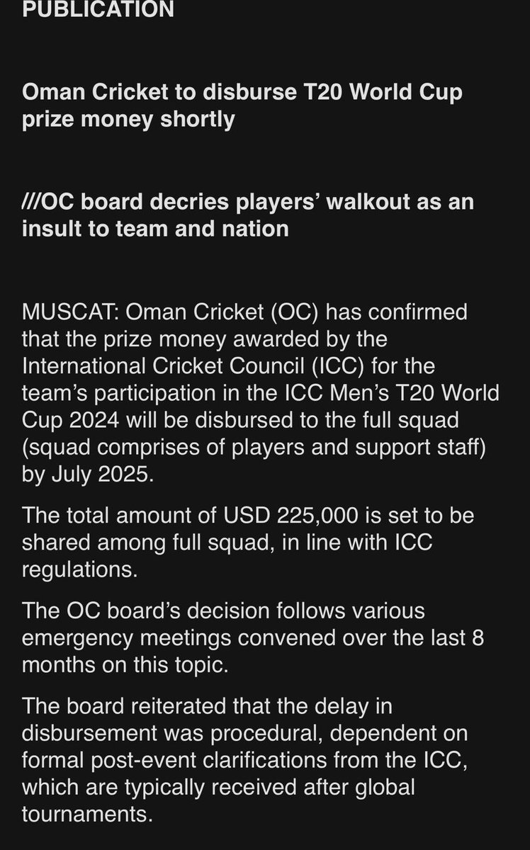 Some good news for Oman’s cricketers from the 2024 T20 World Cup (now former cricketers)