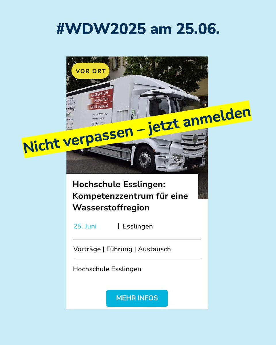#WDW-Reminder
Am 25. Juni findet in der Hochschule Esslingen - University of Applied Sciences das Wasserstoffsymposium "Auf dem Weg zur Wasserstoffzukunft" statt. Start 15 Uhr. Es sind noch Plätze frei ...
Anmeldungen sind aber nur noch heute möglich.
wochedeswasserstoffs.de/veranstaltung/…