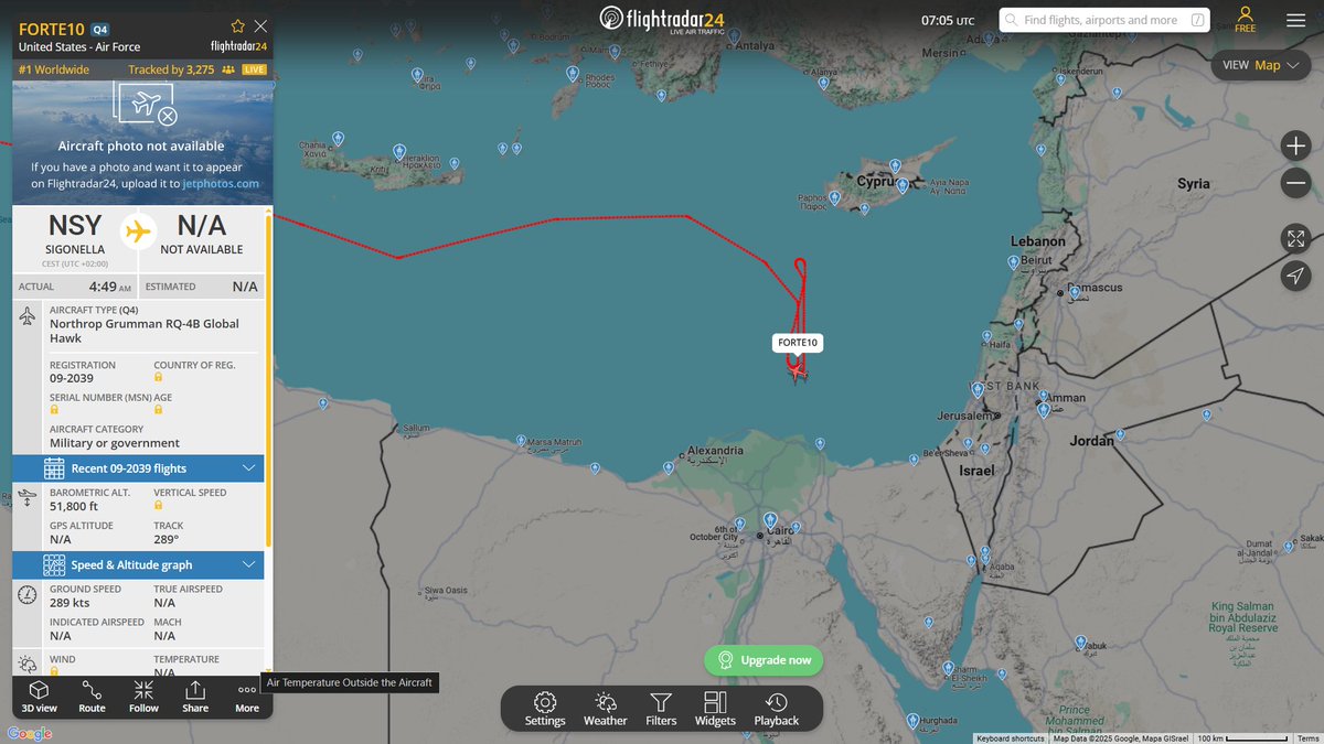 USAF RQ-4B Global Hawk FORTE10 active over Eastern Mediterranean.