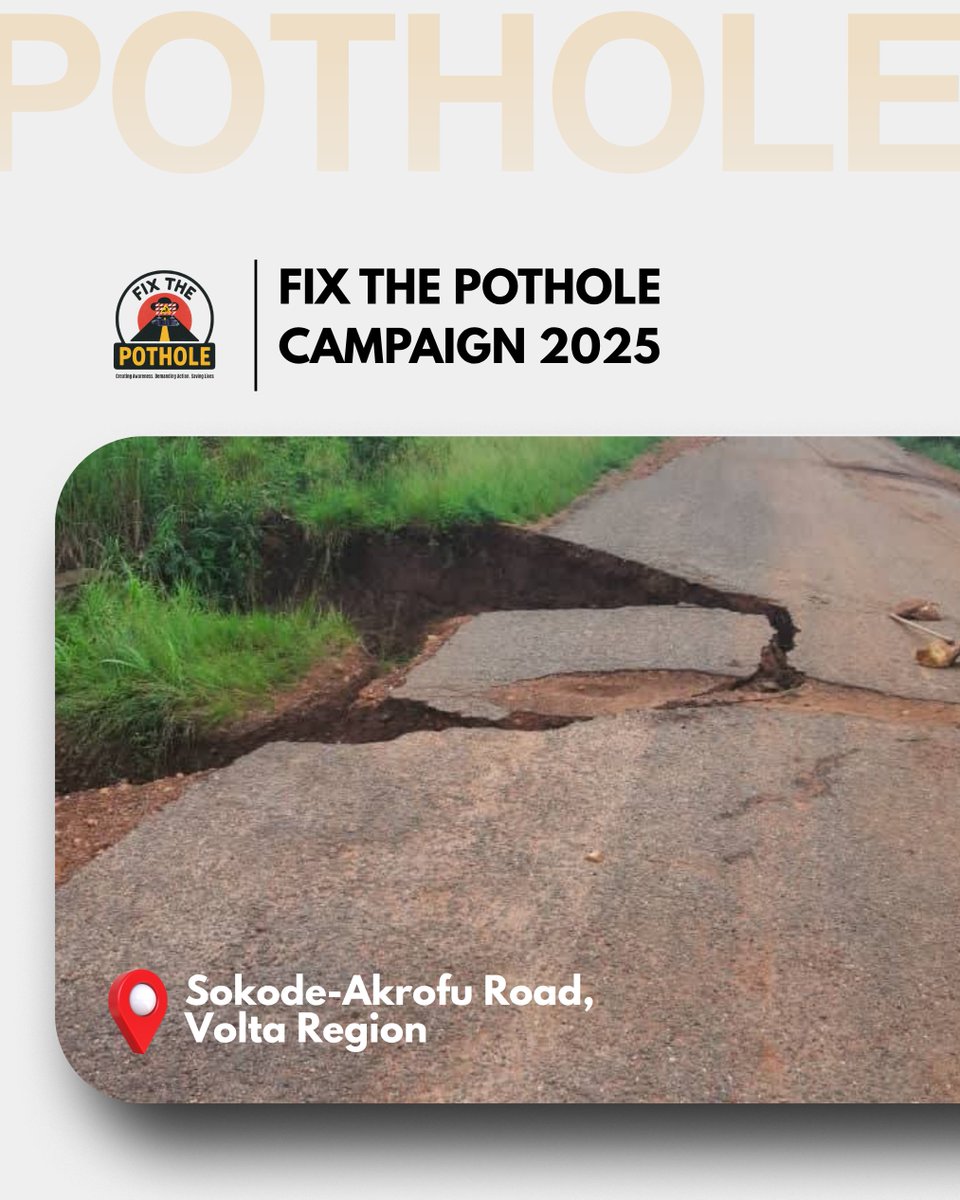 FixThePothole's tweet photo. Potholes destroy roads. That is exactly what has happened to a stretch on the Sekode -Akrofu Road in the Volta Region. The caved in road needs urgent attention as it a disaster waiting to happen. #FixThePoles #GhanaiansDeserveBetter https://t.co/gk4ZJbYBxU