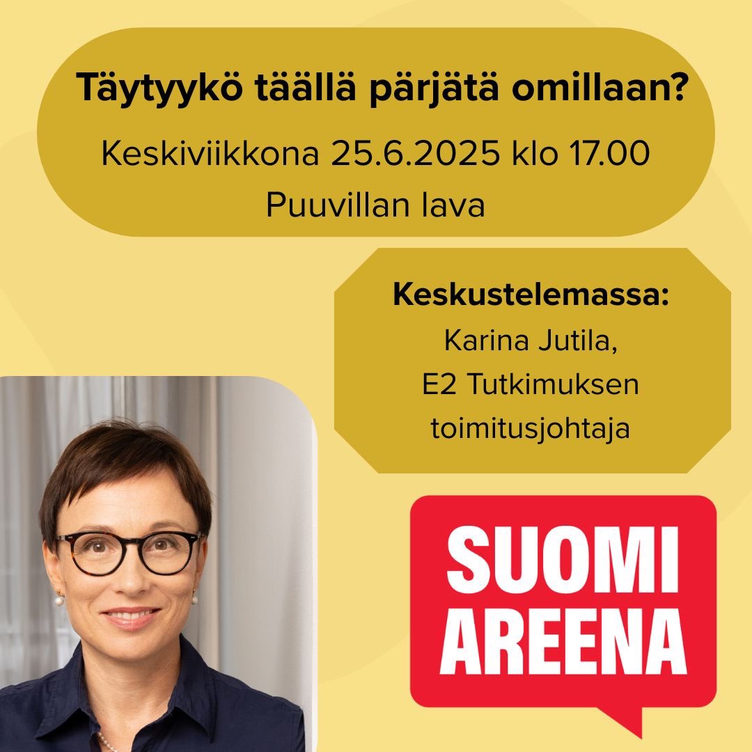 Täytyykö täällä pärjätä omillaan? Yhteiskunnan ikäeriytyminen ja lisääntynyt yksinäisyys haastavat kaikkien sukupolvien hyvinvointia.

💬Tule SuomiAreenaan kuuntelemaan keskustelua ratkaisuista Porin Puuvillan lavalle keskiviikkona 25.6.2025 klo 17! Paneelin juontaa