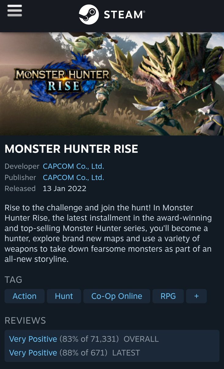 Oofff... 

Monster Hunter Wilds review on Steam (Mixed - Negative) compared to MH World &amp; Rise (Very Positive)...